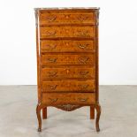 A 7 drawer cabinet finished with marquetry inlay and a marble top. Circa 1970. (L:43 x W:77 x H:135
