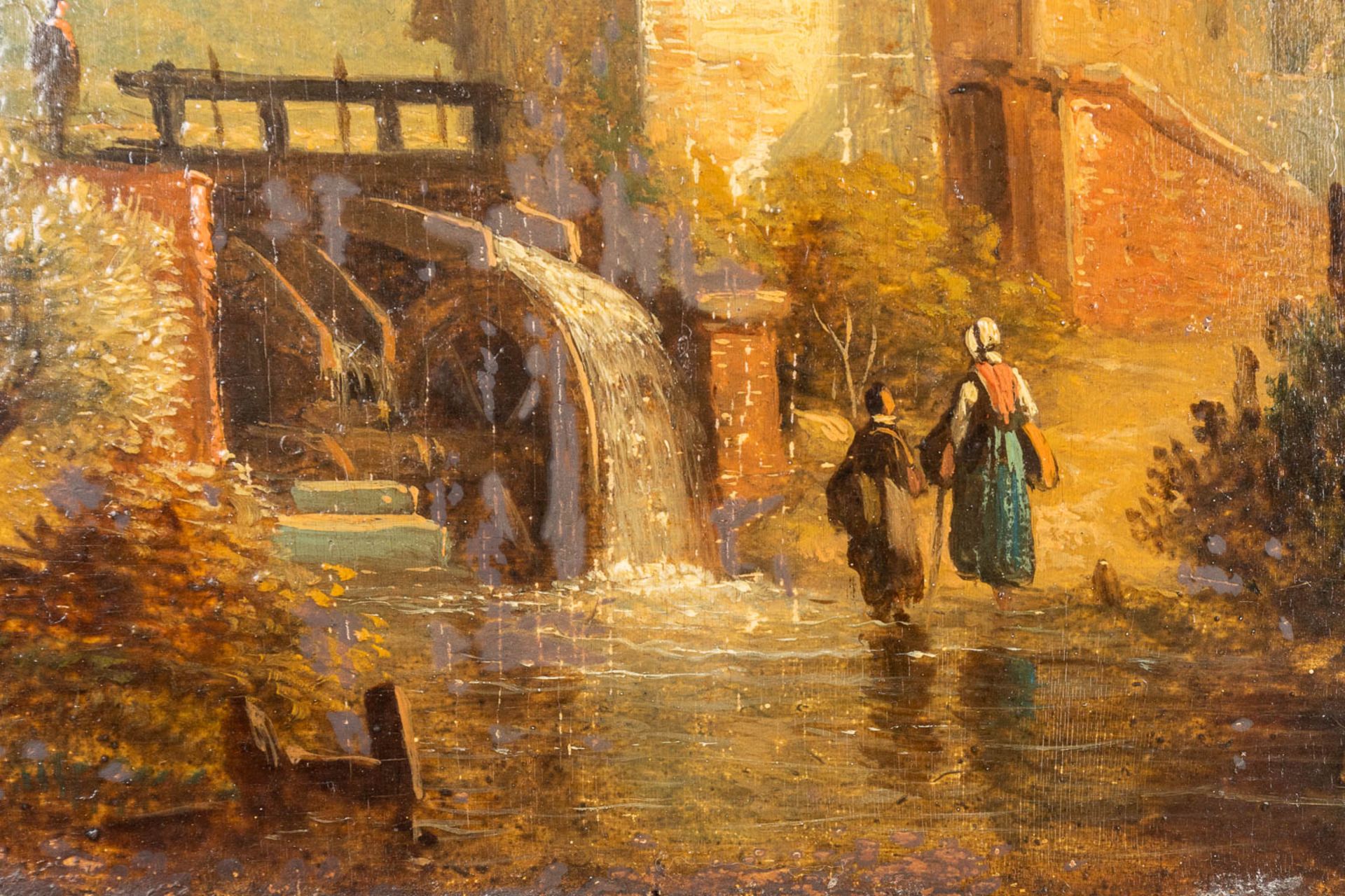 'Landscape with a water mill' an antique painting, oil on panel. (W:17 x H:15 cm) - Image 4 of 6