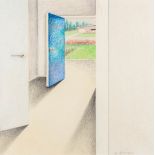 Antoon DE CLERCK (1923-2001) 'View trough the blue door', a drawing, mixed media on paper. (W:50 x