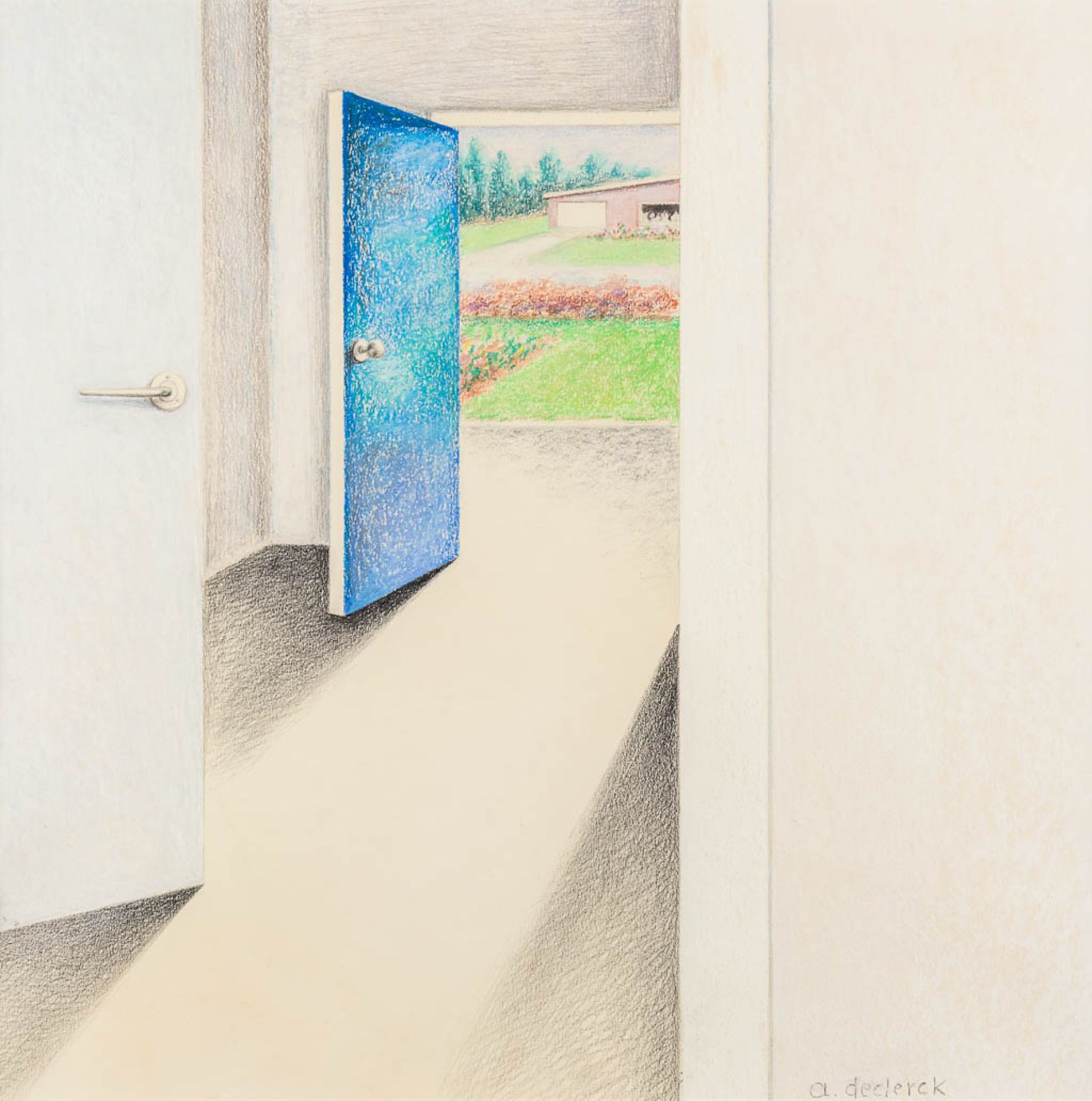 Antoon DE CLERCK (1923-2001) 'View trough the blue door', a drawing, mixed media on paper. (W:50 x