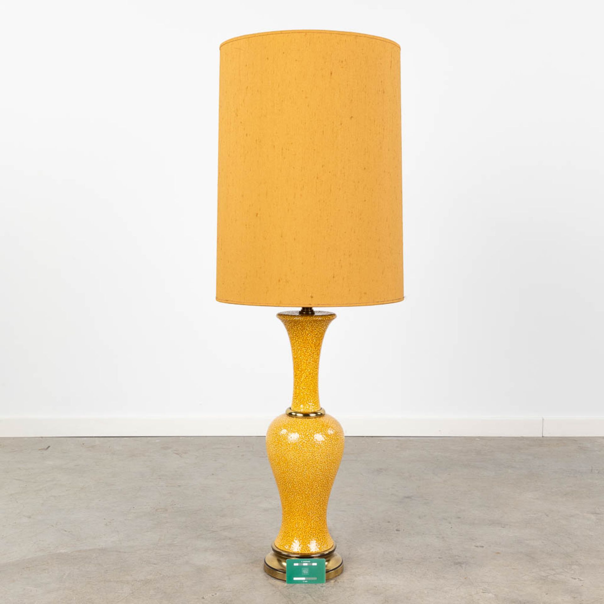 A vintage table lamp made of ceramics with bronze and an orange shade. (H:114 cm) - Image 2 of 10