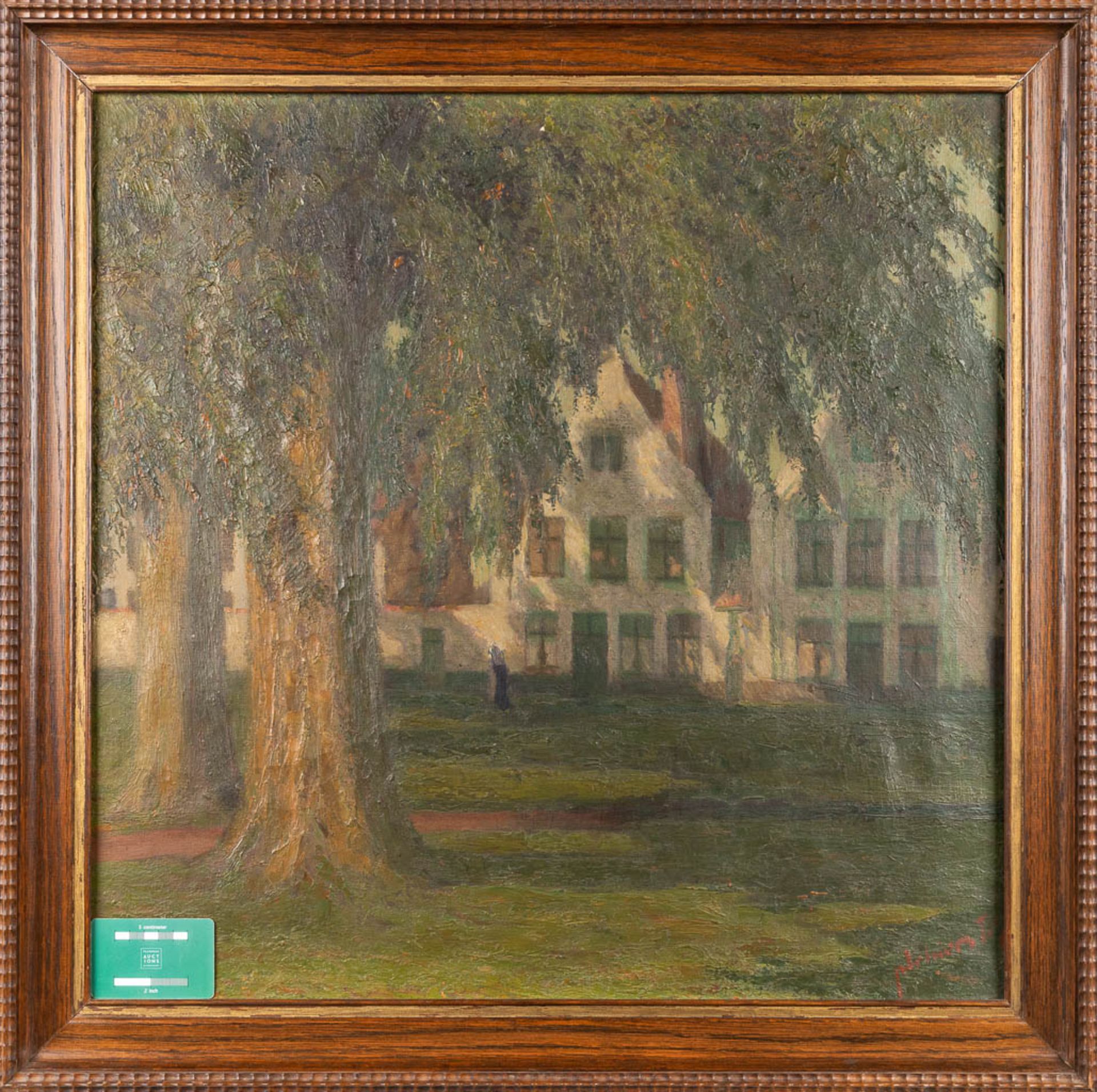 'View of the Beguinage in Bruges' a painting, oil on canvas. (W:63 x H:63 cm) - Image 2 of 7