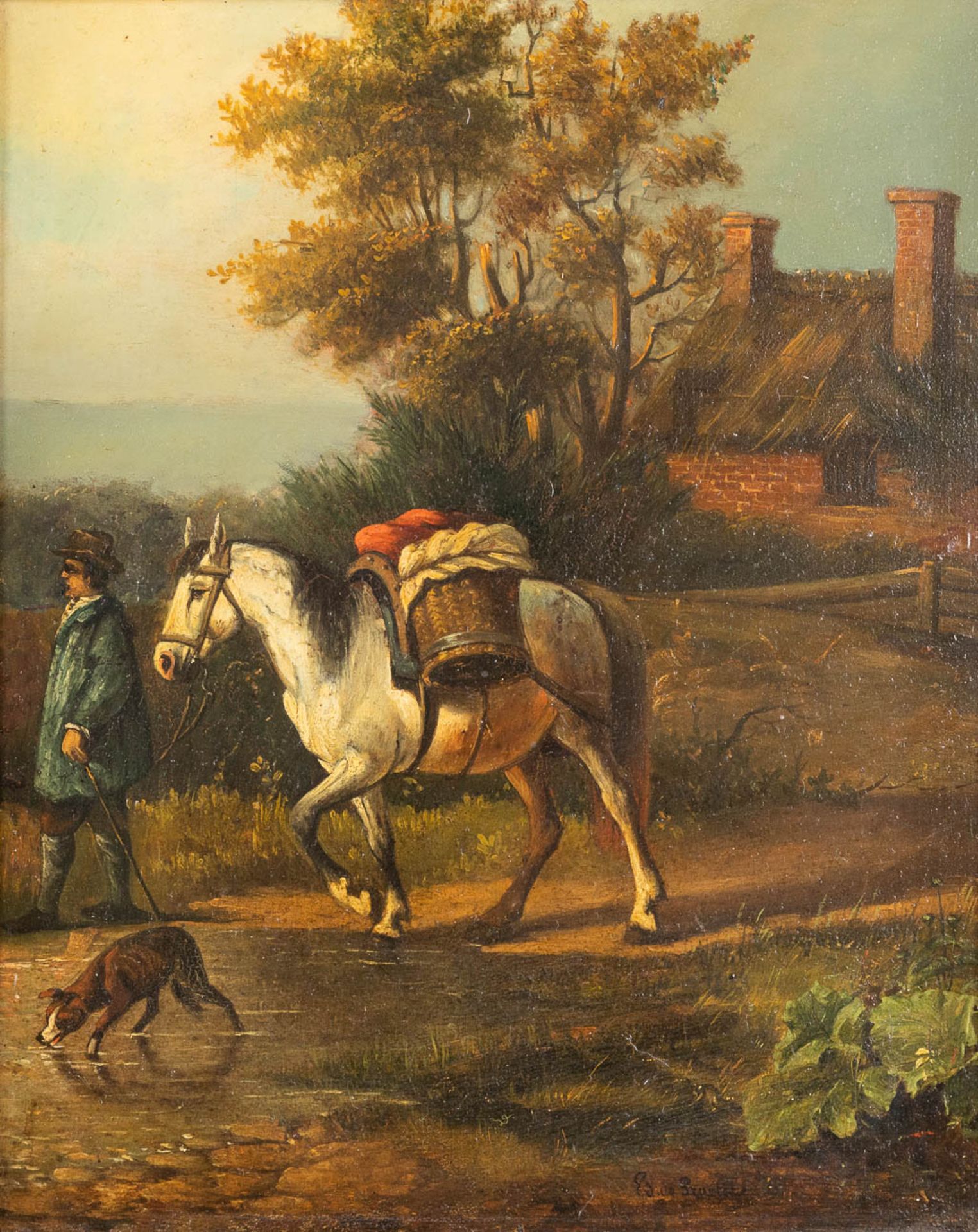 Edmond DE PRATERE (1826-1888) 'Walking a horse' a painting, oil on panel. 19th C. (W:27 x H:33 cm)