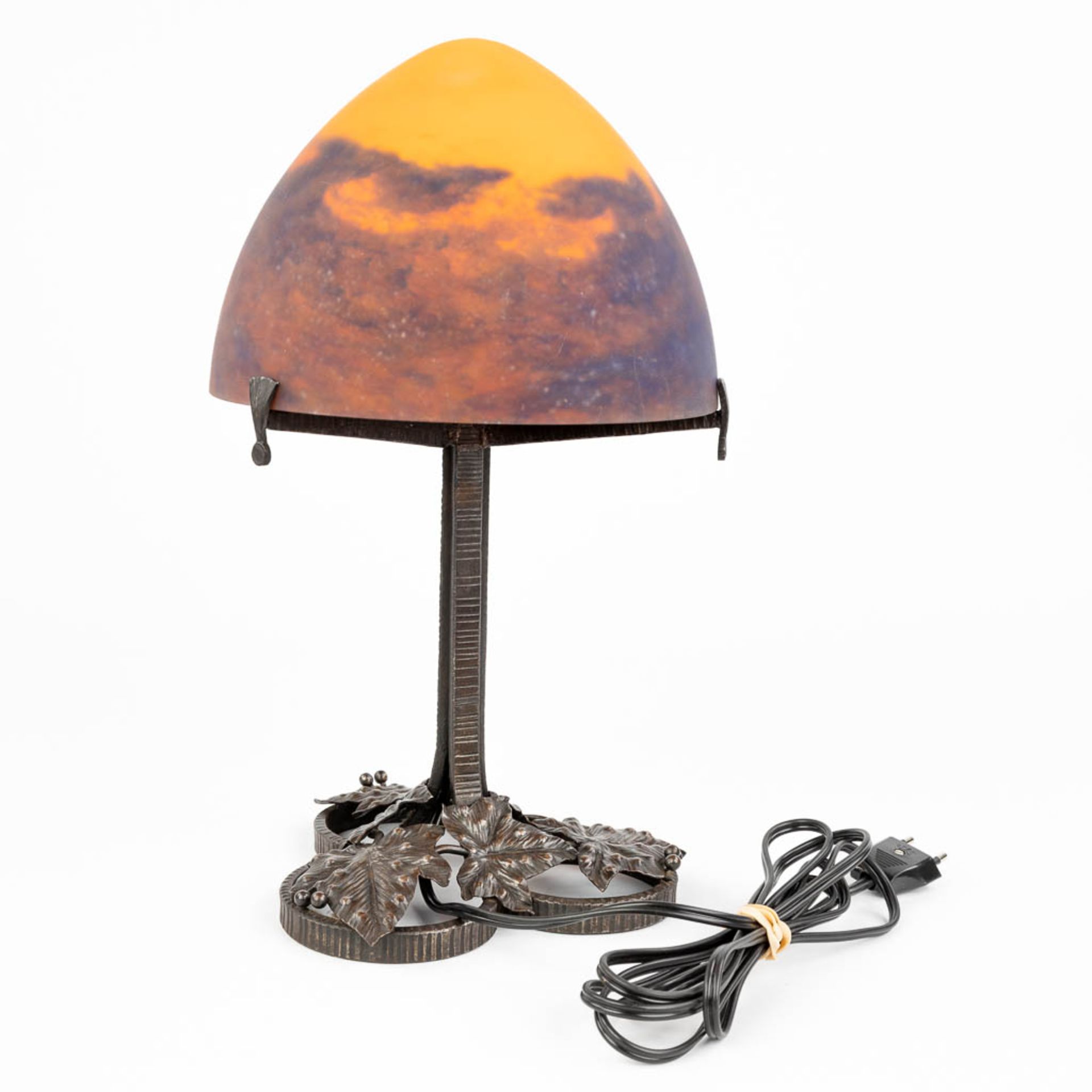 A wrought iron table lamp with pate de verre glass lampshade marked Muller Frres LunŽville. (H:39 - Image 5 of 13