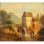 'Landscape with a water mill' an antique painting, oil on panel. (W:17 x H:15 cm)