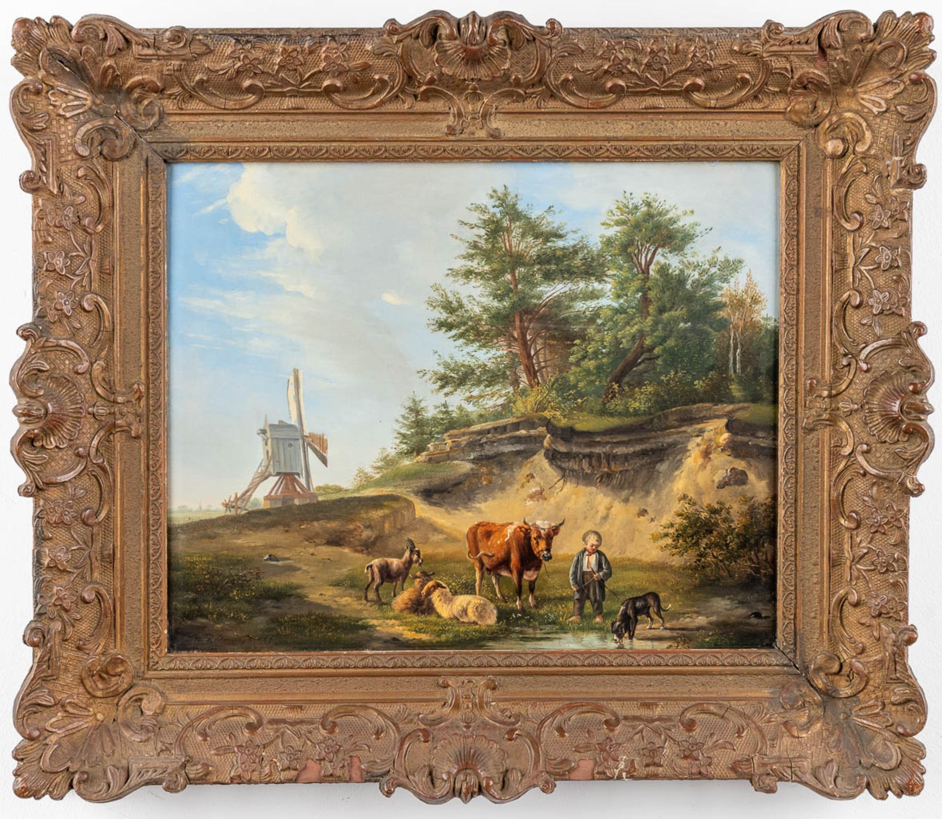 Balthazar Paul OMMEGANCK (1755-1826) 'Landscape with cattle and a windmill', oil on panel. (W:47 x - Image 3 of 10