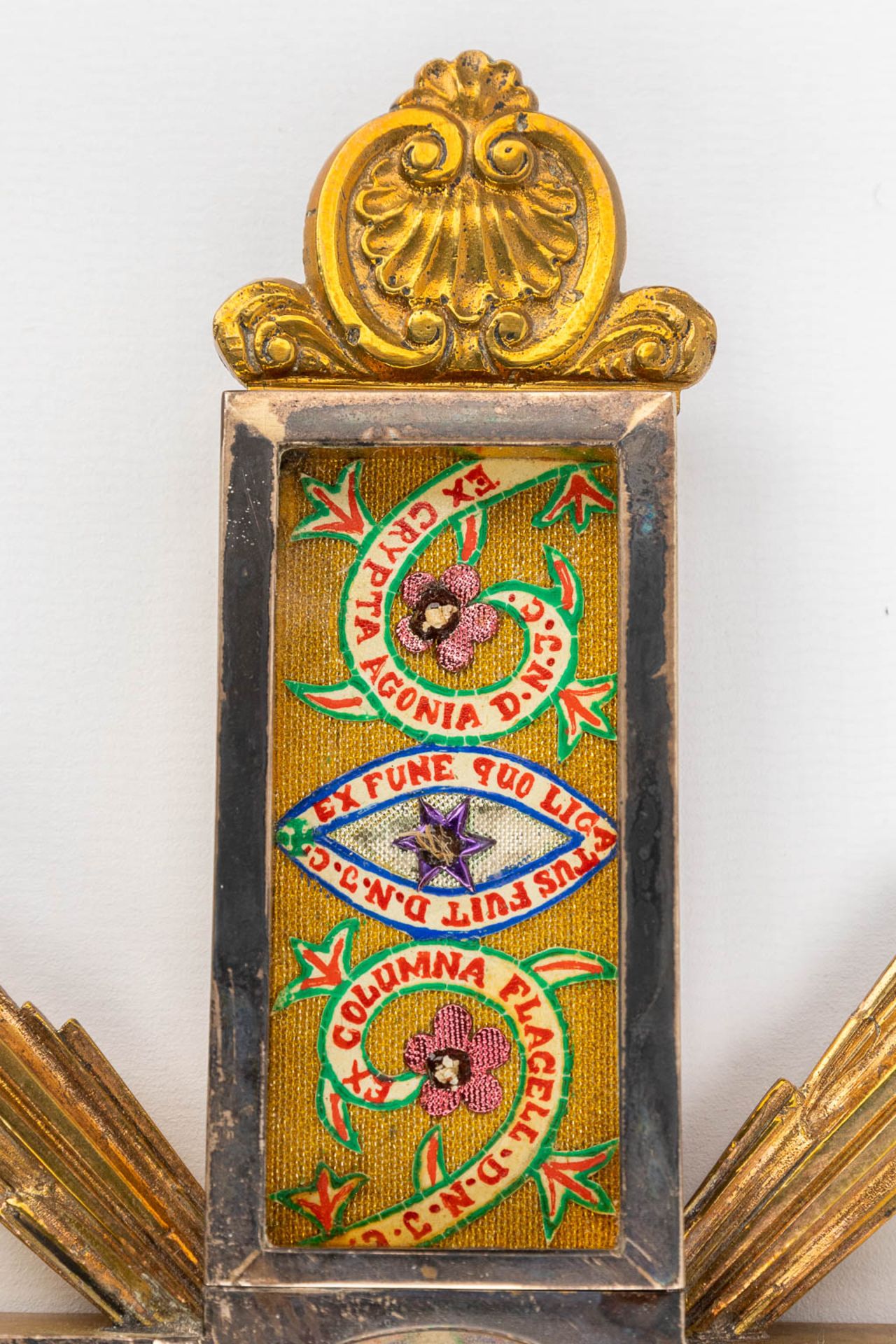 An antique reliquary box with relics a relic crucifix and embroidery. (L:13 x W:52 x H:75 cm) - Image 14 of 23