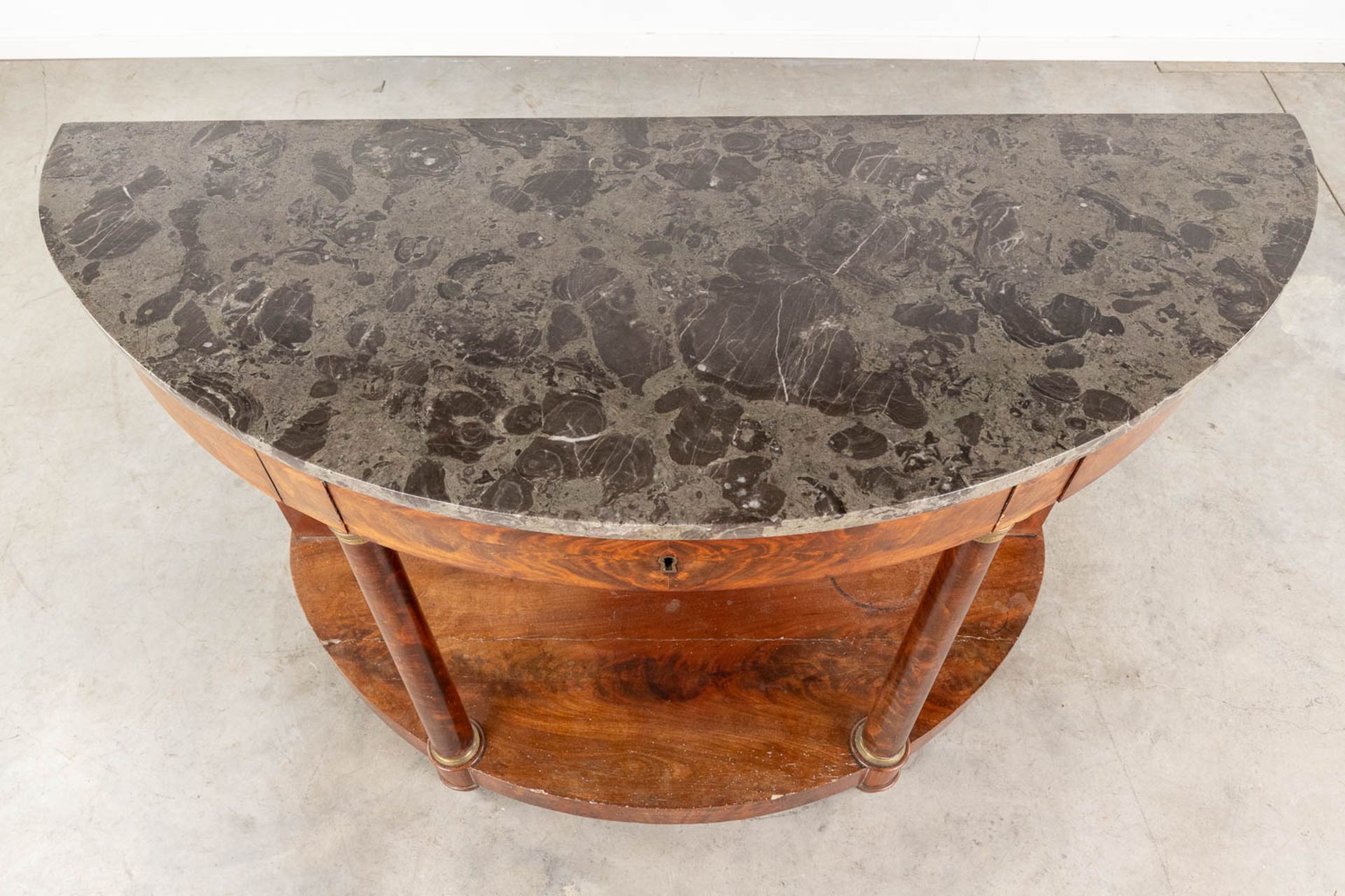 A demi lune, wall console with marble top, empire period. (L:57 x W:143 x H:100 cm) - Image 13 of 17