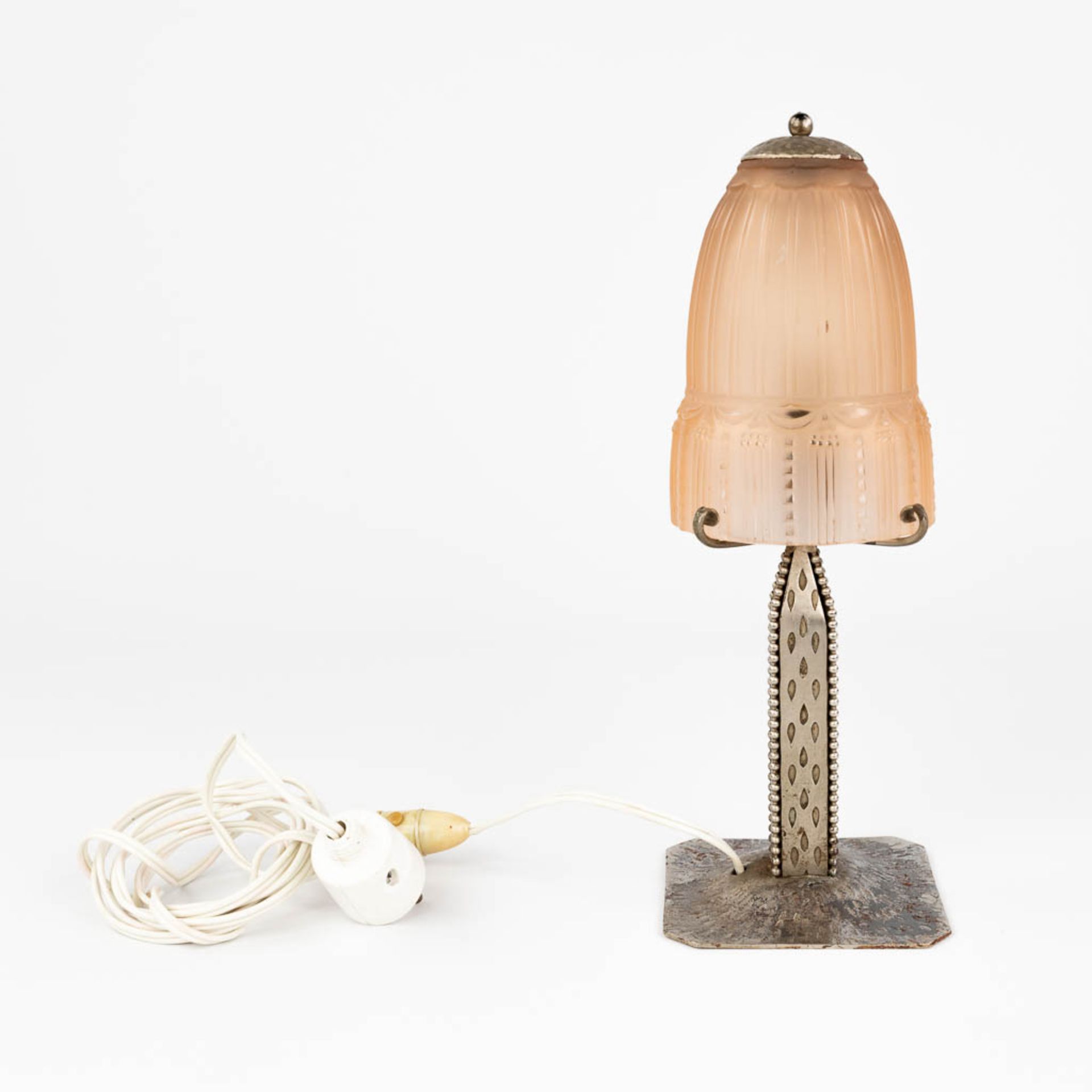 A wrought iron table lamp with lamp shade in satin glass, made by Muller Frres Luneville (L:11 x W: - Image 11 of 11