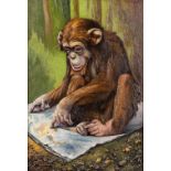 H. HUBER (XX) 'Chimpanzee' a mixed media on canvas. 20th century. (W:48,5 x H:71 cm)
