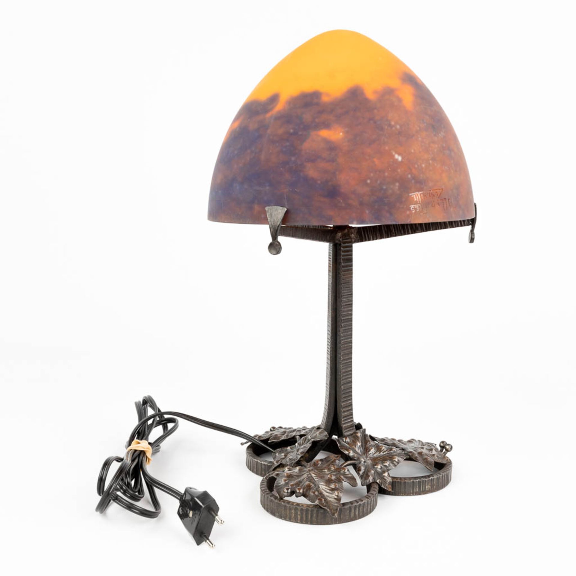 A wrought iron table lamp with pate de verre glass lampshade marked Muller Frres LunŽville. (H:39 - Image 6 of 13