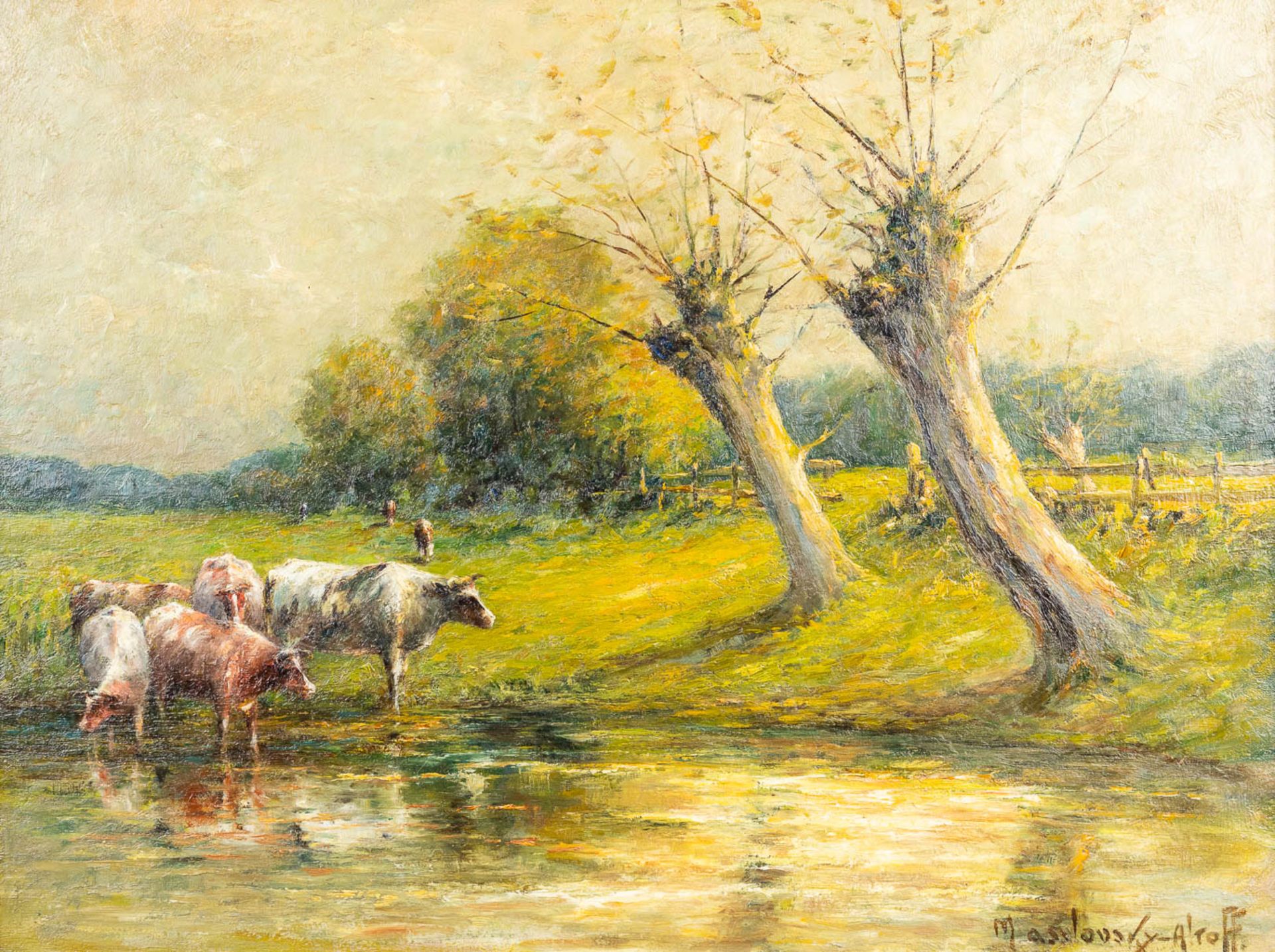 Landscape with cattle' a painting, oil on canvas. Illegibly signed. (W:57 x H:78 cm)