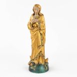 An antique wood sculptured statue 'Madonna trampling the serpent', with original polychromy. (H:36 c