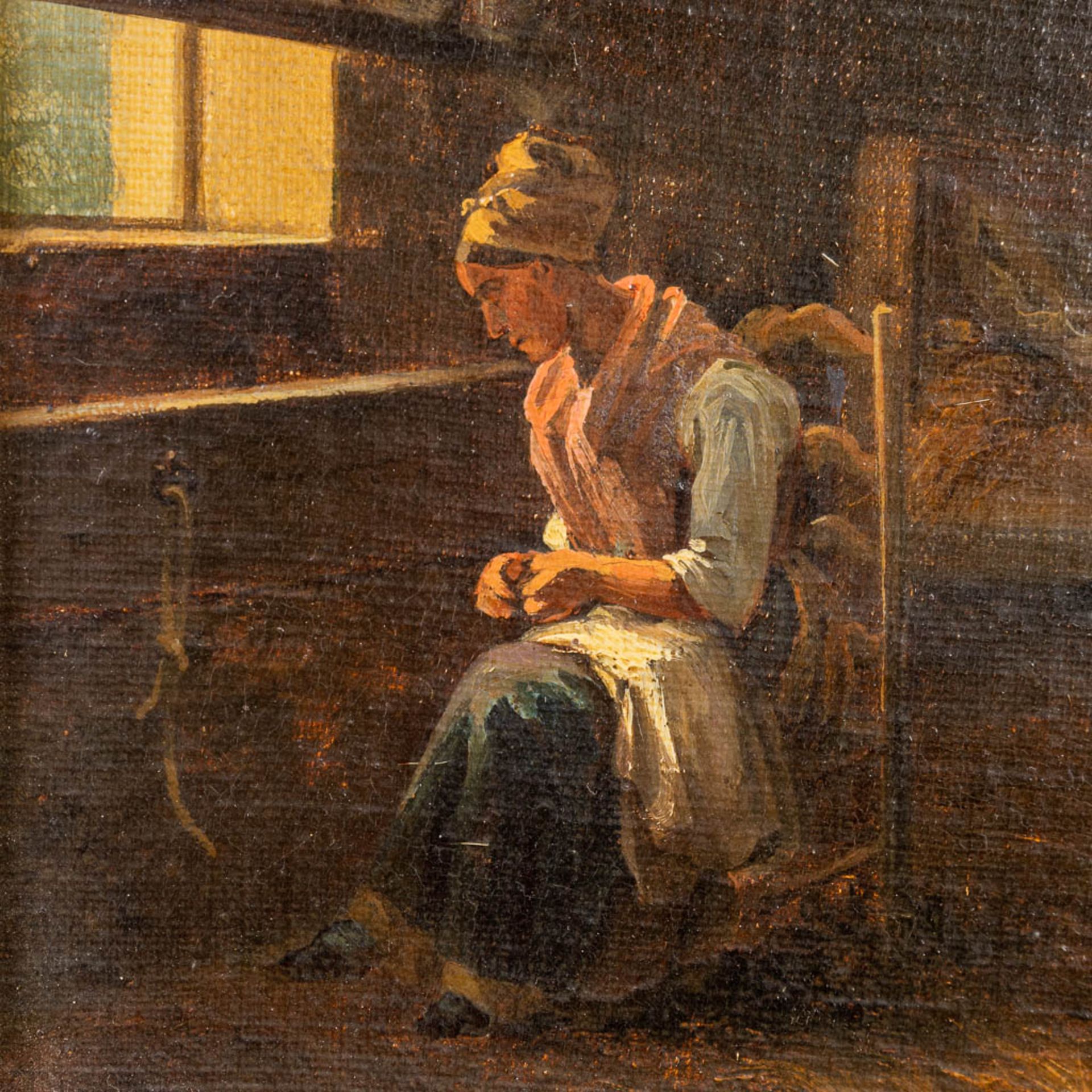 Monogram E.M. 'Interior of a stable', a painting, oil on panel. 19th C. (W:36 x H:21 cm) - Bild 5 aus 7