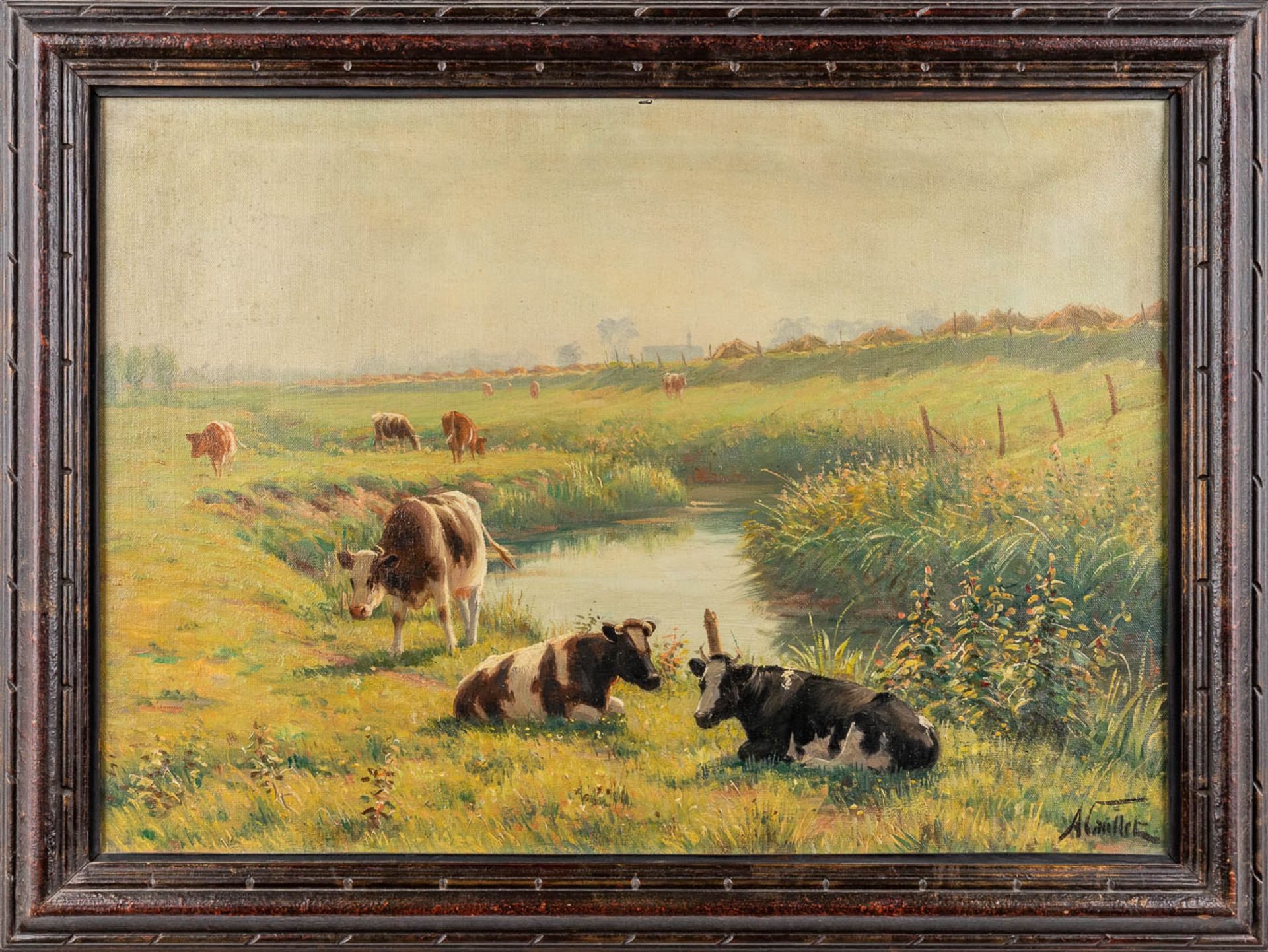 Albert CAULLET (1875-1950) 'Cows in the field' a painting, oil on canvas. (W:70 x H:50 cm) - Image 3 of 7