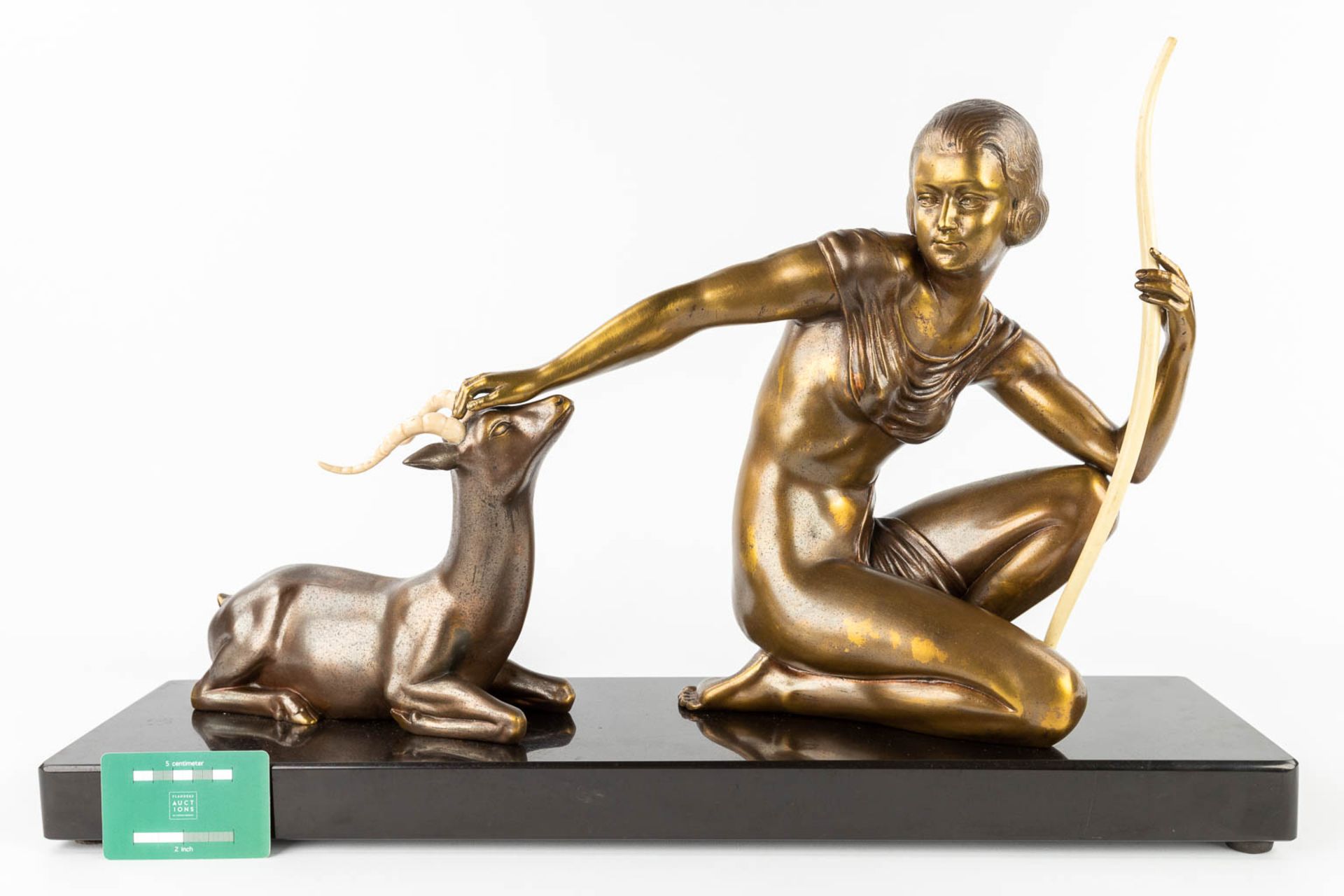 Kowas, Lady with a deer, a statue made in art deco style. Spelter and marble. (L:17 x W:64,5 x H:42 - Bild 2 aus 11
