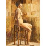 A painting 'Posing Nude Figurine', probably made in France. Oil on canvas (W:47 x H:61 cm)