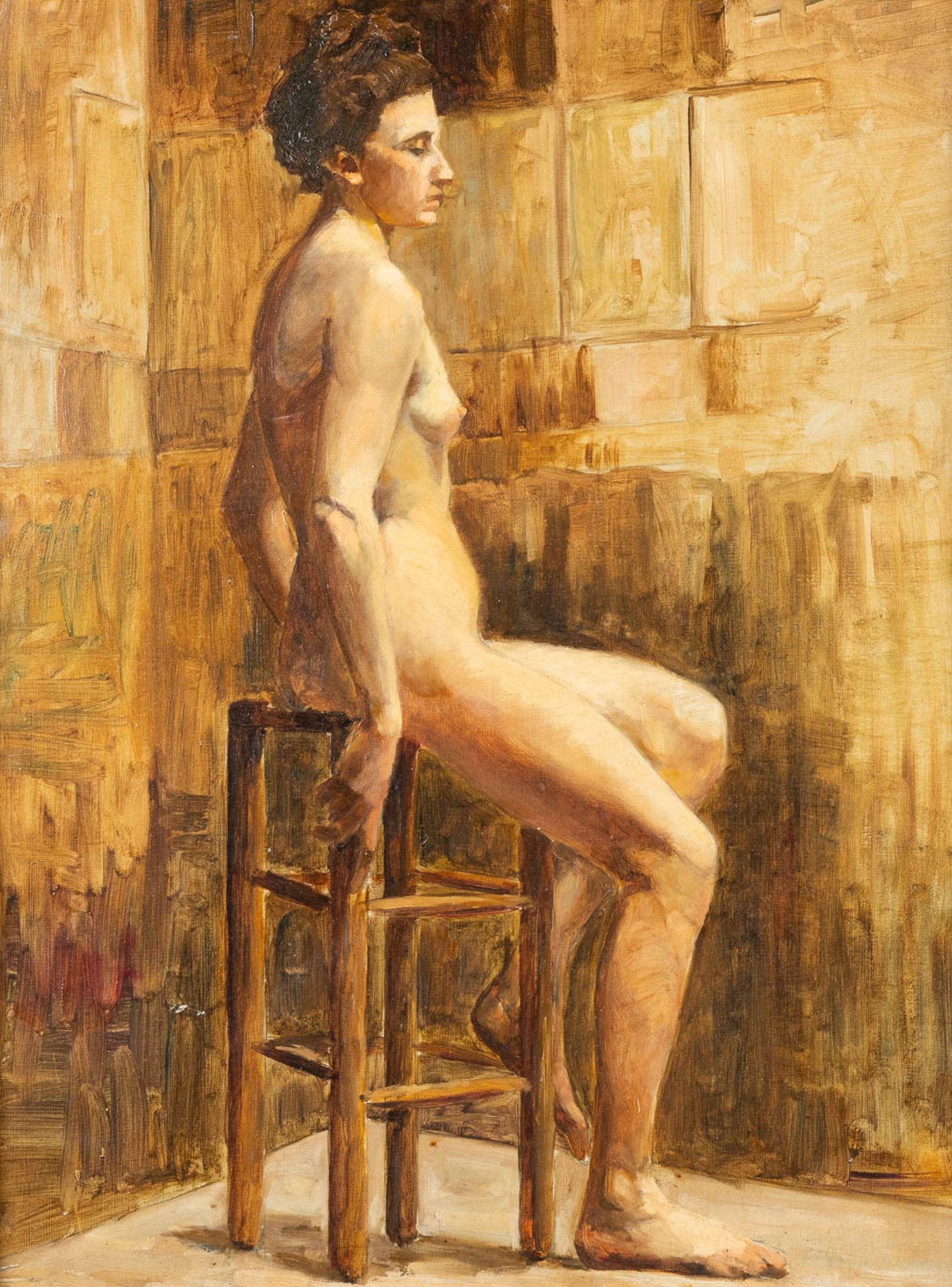 A painting 'Posing Nude Figurine', probably made in France. Oil on canvas (W:47 x H:61 cm)