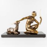 Kowas, Lady with a deer, a statue made in art deco style. Spelter and marble. (L:17 x W:64,5 x H:42
