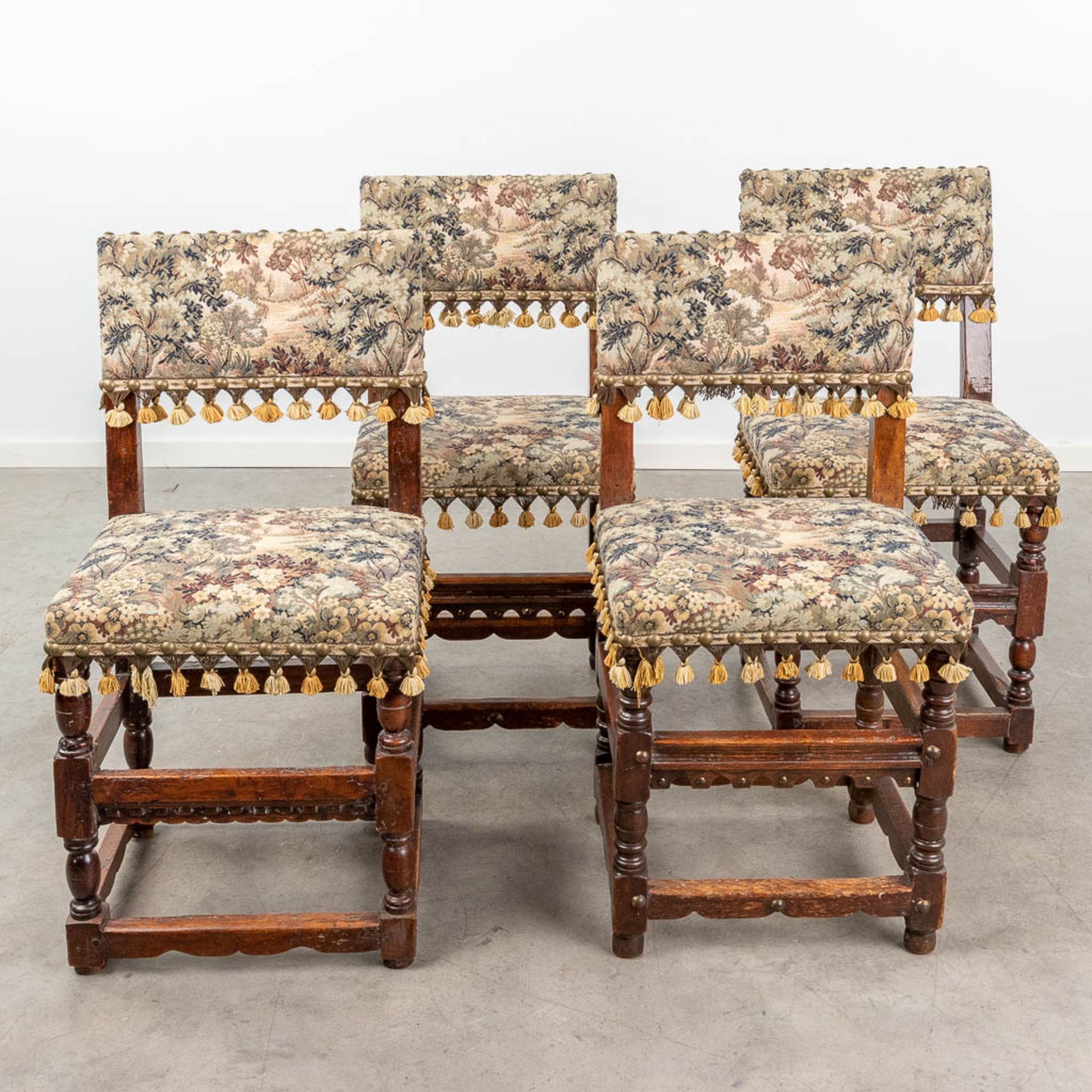 A set of 4 antique chairs, covered with tapestry upholstery. (L:40 x W:44 x H:88 cm)