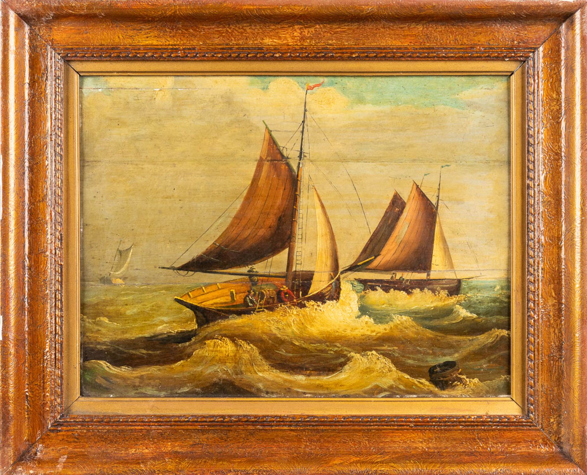 Rough Sea' a painting of two sailboats, oil on panel. 19th C. (W:40 x H:30 cm) - Bild 3 aus 9