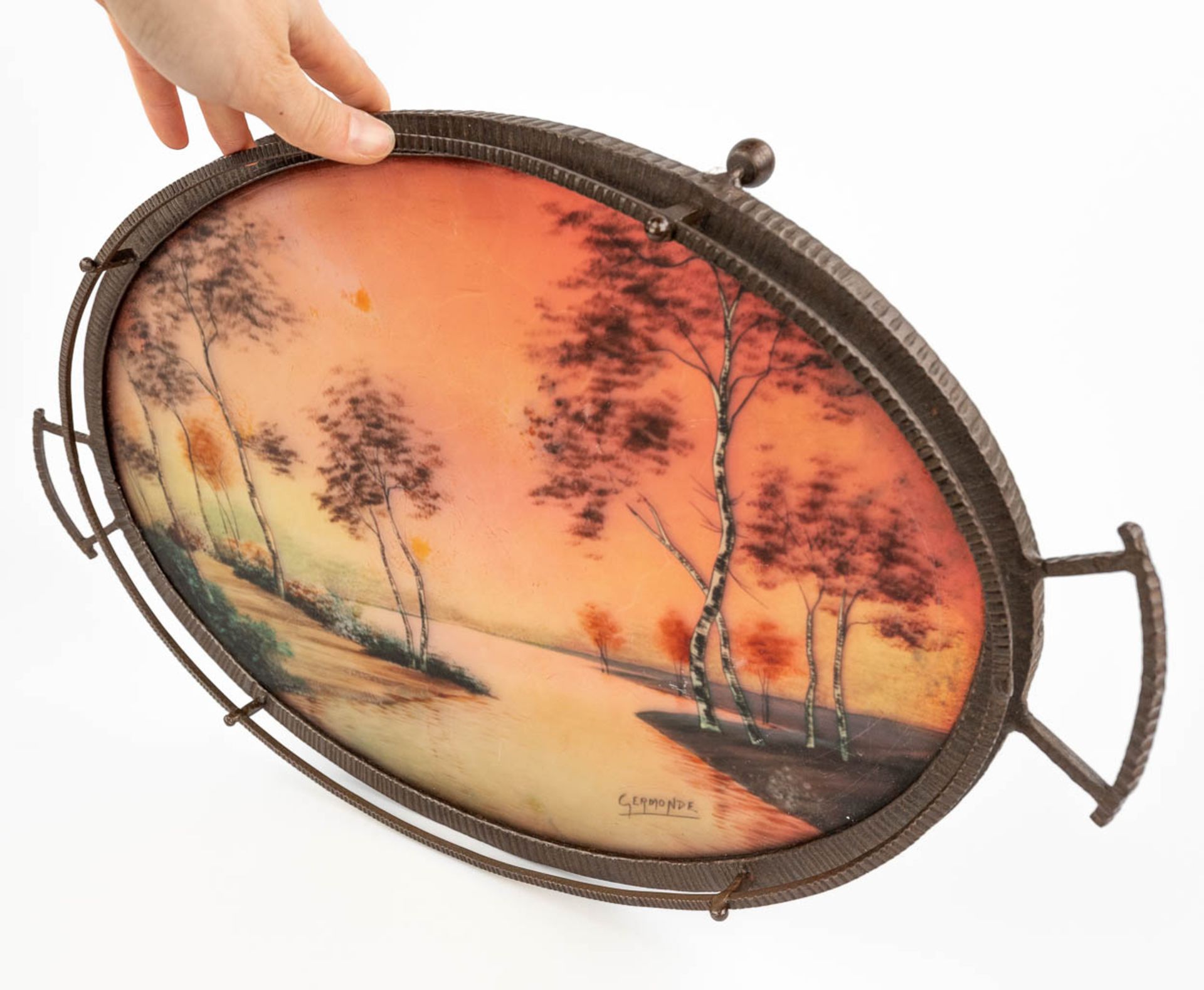 Germonde, a wrought iron and reverse glass painting serving tray in art deco style. Circa 1920. (L: - Image 13 of 17