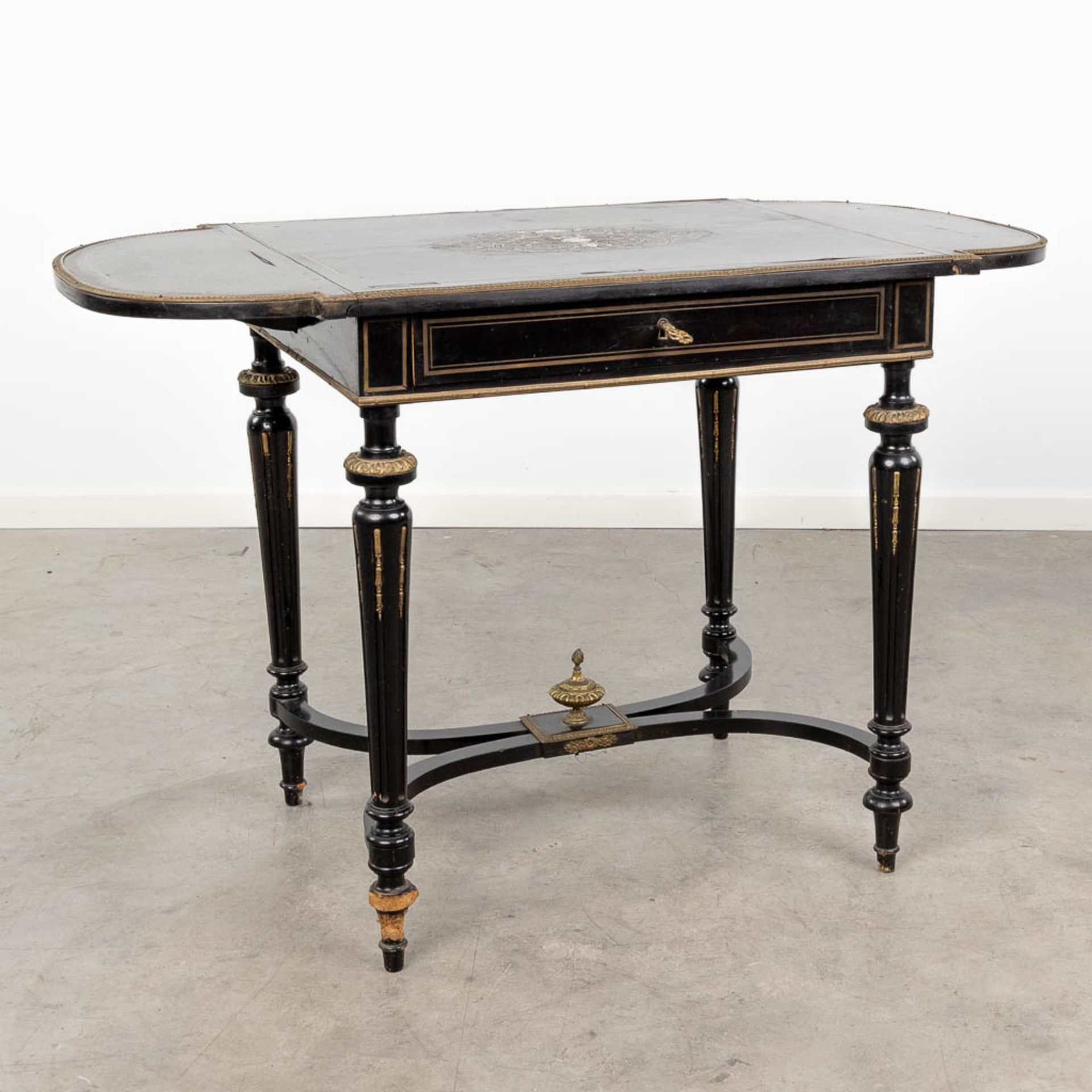 A game table made of ebonised wood inlaid with marquetry and mounted with bronze in Napoleon 3 style - Image 3 of 15