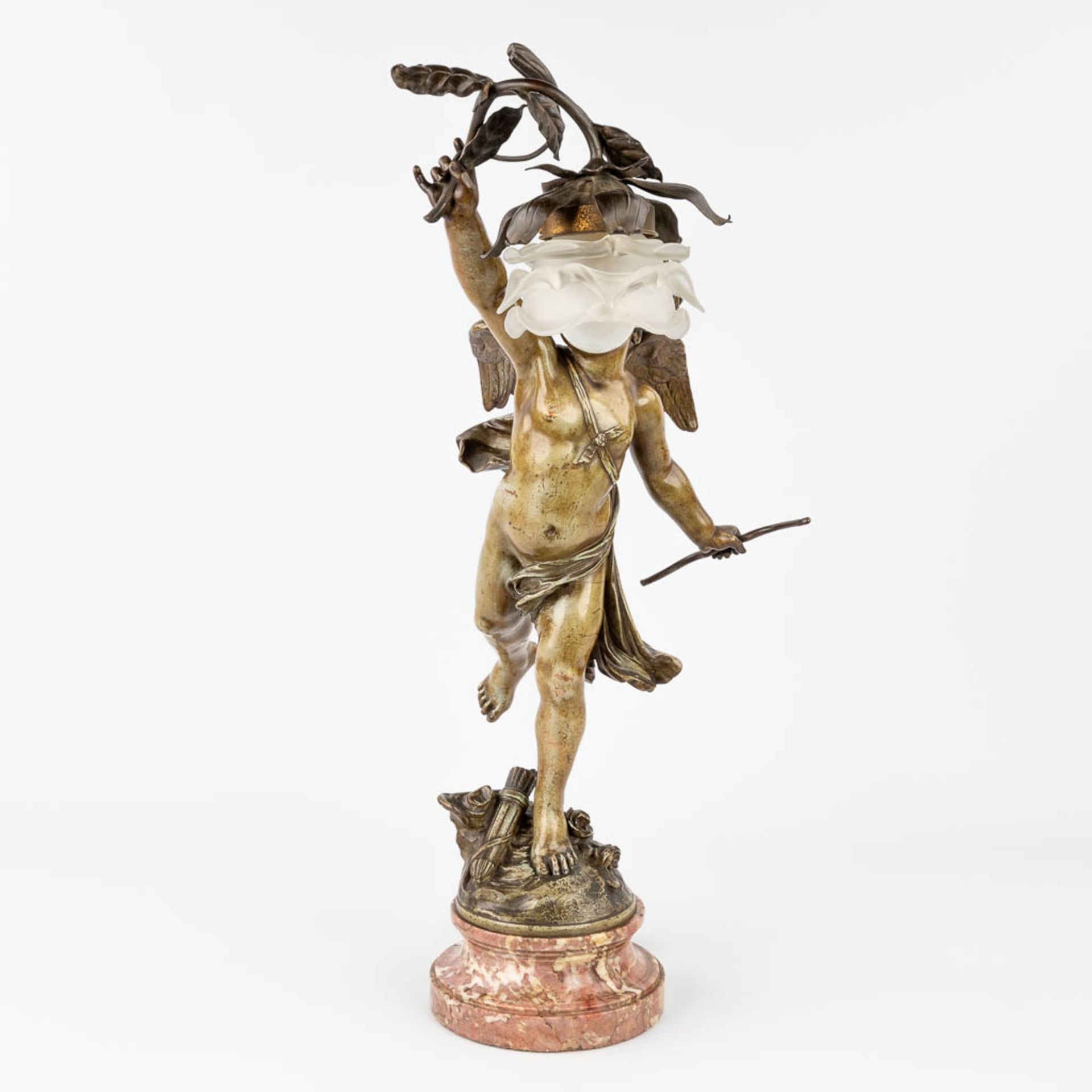 Jean-Louis GR_GOIRE (1840-1890) 'Putto with a light', a figurative table lamp, patinated bronze. (H - Image 3 of 14