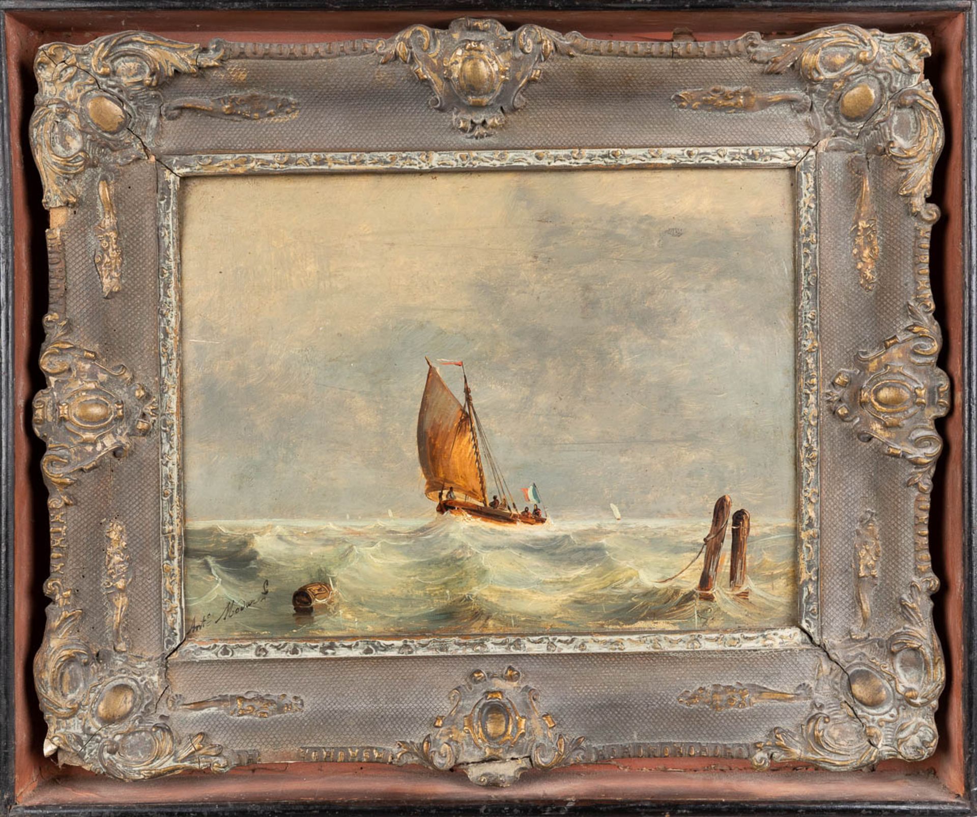 An antique painting 'Marine', oil on panel. 19th century. (W:39 x H:29 cm) - Image 3 of 7