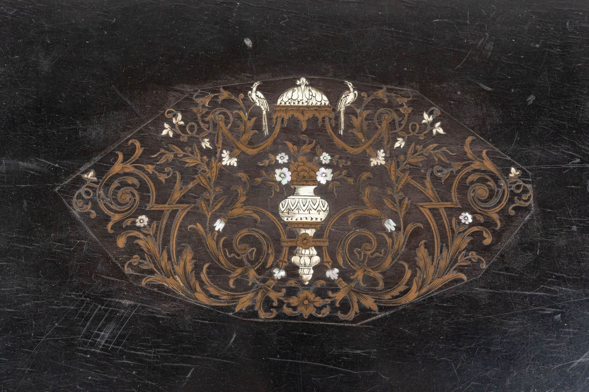 A game table made of ebonised wood inlaid with marquetry and mounted with bronze in Napoleon 3 style - Image 10 of 15