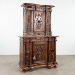 An antique cabinet decorated with wood sculptures and inlaid with marble. 19th C. (L:51 x W:110 x H