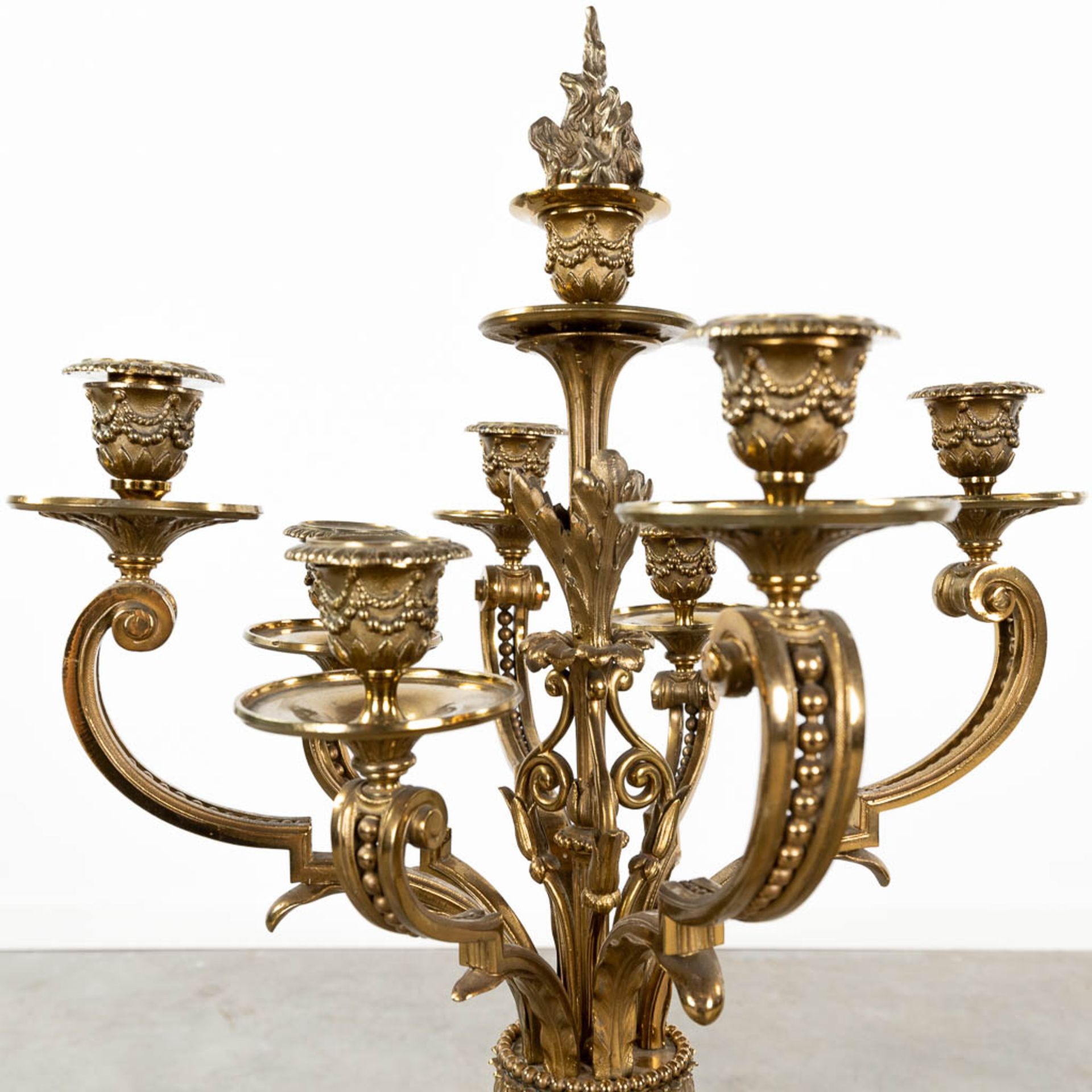 A pair of large neoclassical candelabra made of polished bronze. (L:30 x W:30 x H:90 x D:42,5 cm) - Image 8 of 12