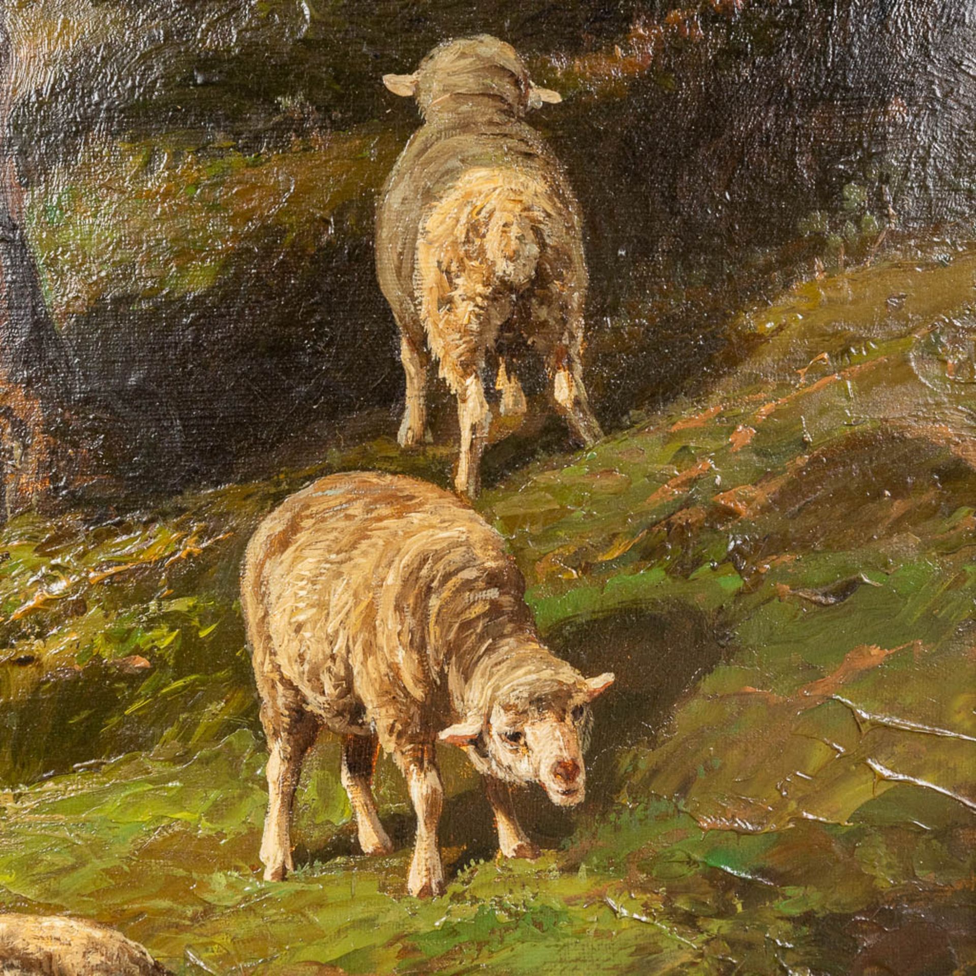 Charles Ferdinand CERAMANO (1829/31-1909) 'Sheep in the Barbizon Forest', oil on canvas. (W:60 x H: - Image 5 of 7