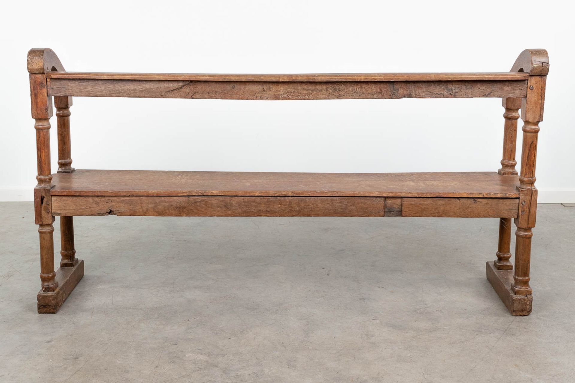 An antique bench made of oak. 19th century. (L:35 x W:164 x H:87 cm) - Image 5 of 11
