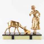 Lady and a deer, a statue made in art deco style. Spelter and marble. (L:11 x W:33 x H:30 cm)