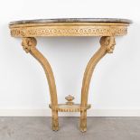 An antique wall console with a marble top, decorated with wood sculptures. Circa 1920. (L:40 x W:87