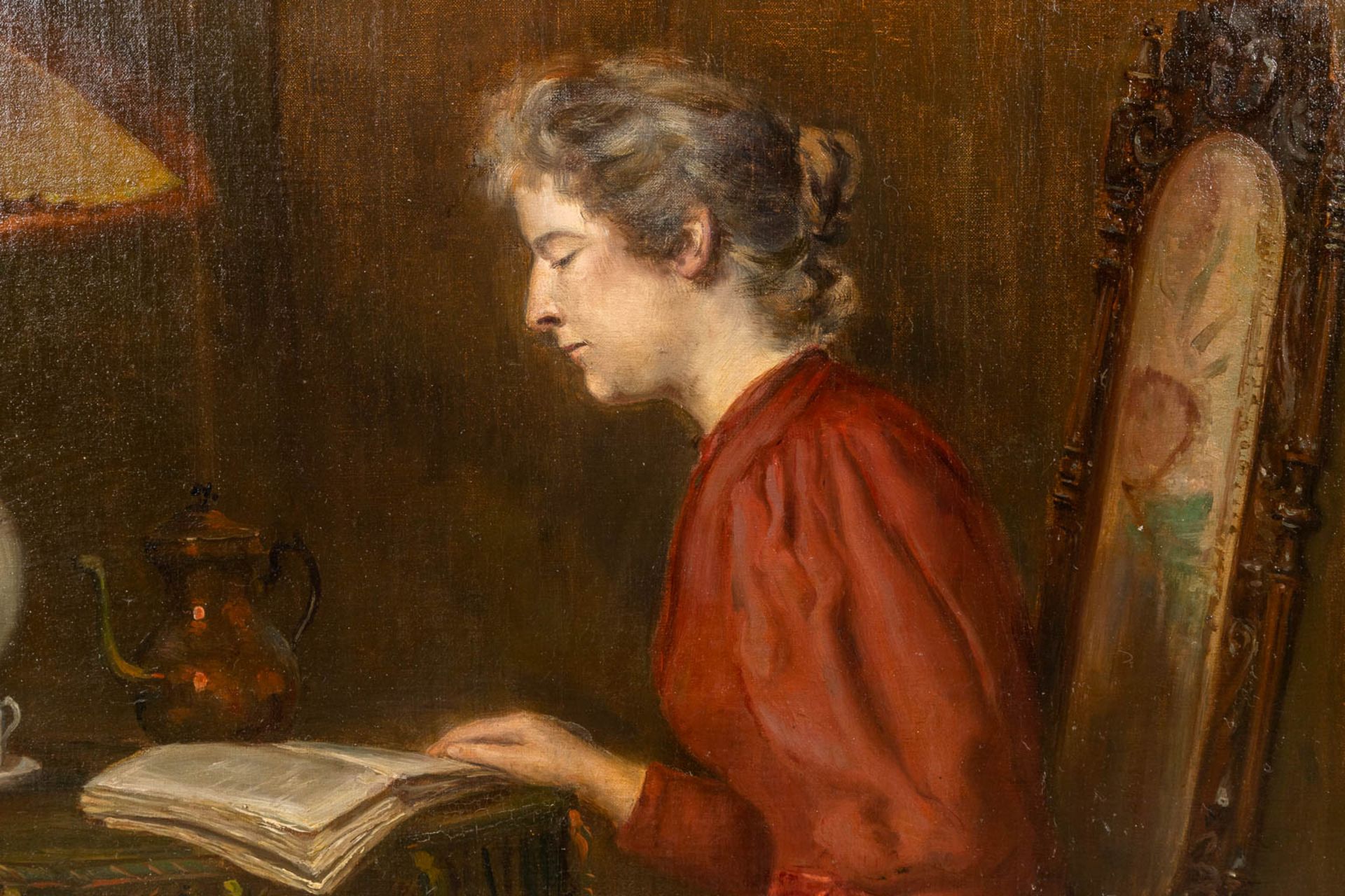 Armand LAUREYS (1867-?) 'La Liseuse' a painting, oil on canvas. (W:80 x H:110 cm) - Bild 4 aus 9