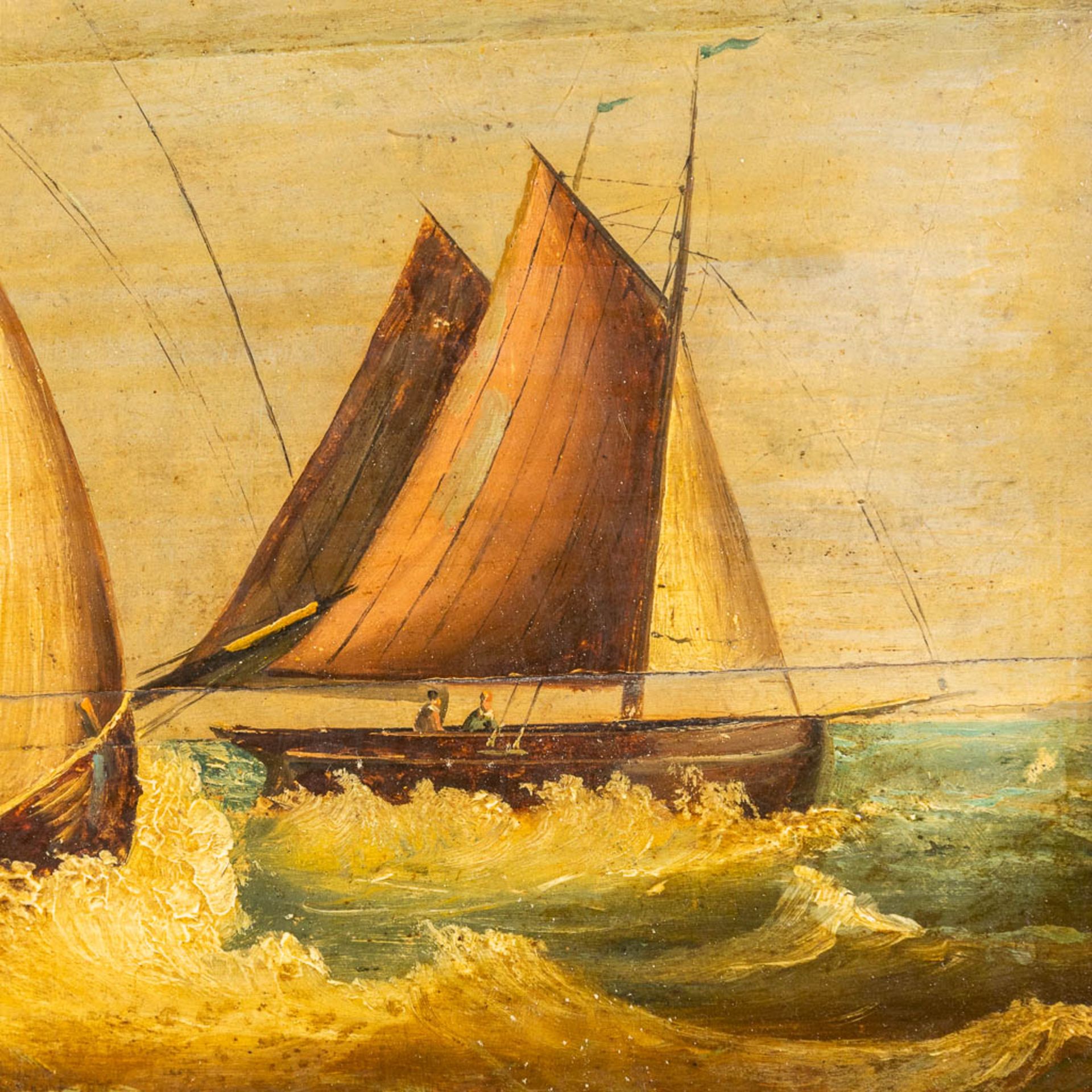Rough Sea' a painting of two sailboats, oil on panel. 19th C. (W:40 x H:30 cm) - Bild 7 aus 9