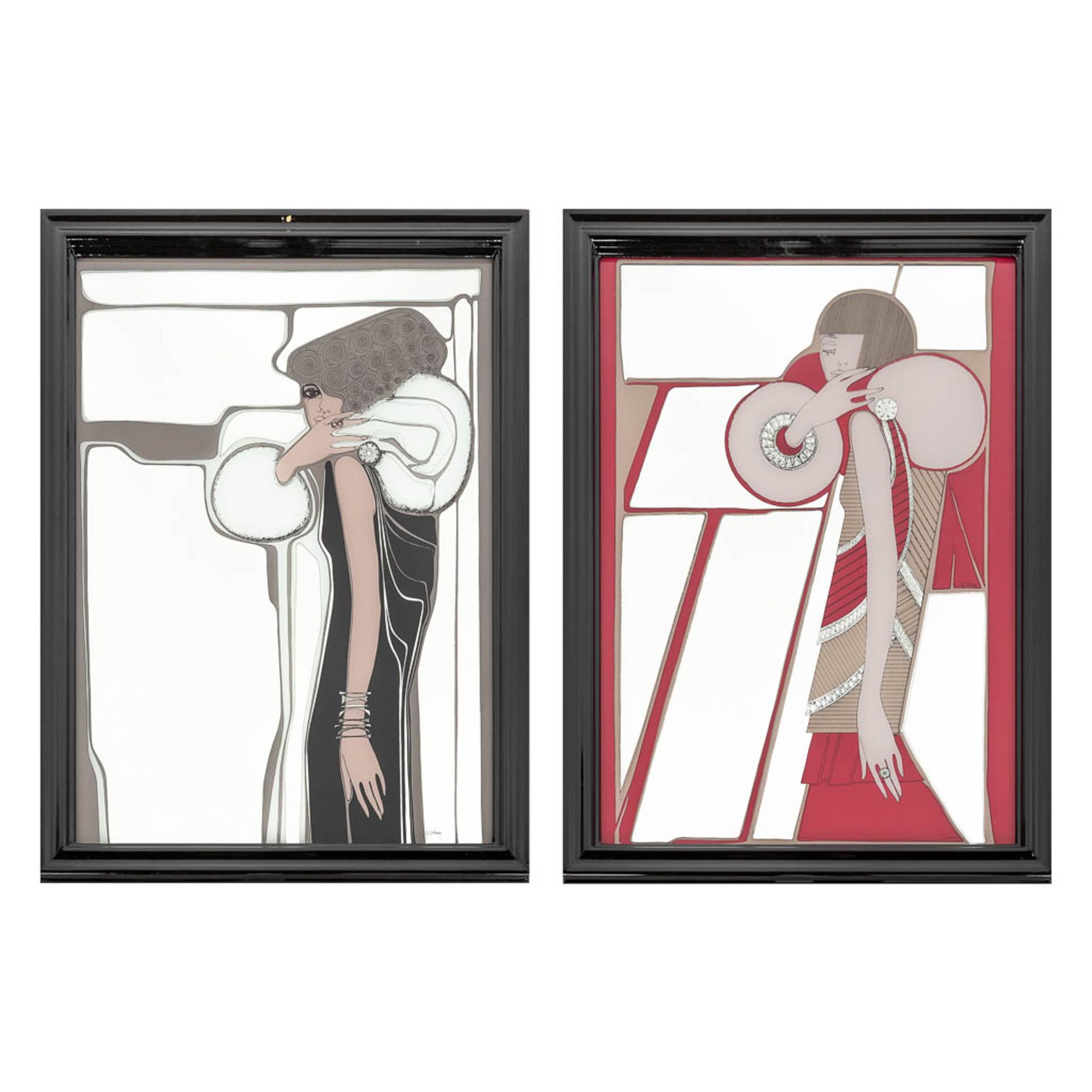 A decorative pair of framed mirrors, with an Art Deco style image. (W:60 x H:79 cm)