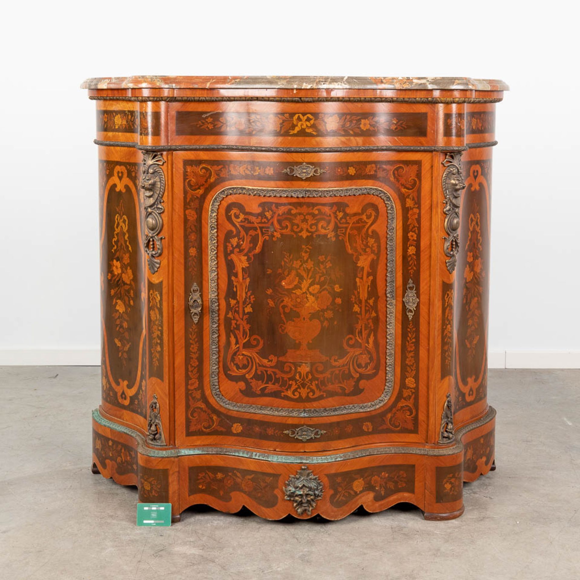 A one door commode, decorated with marquetry inlay and mounted with bronze. 20th century. (L:47 x W - Bild 2 aus 18