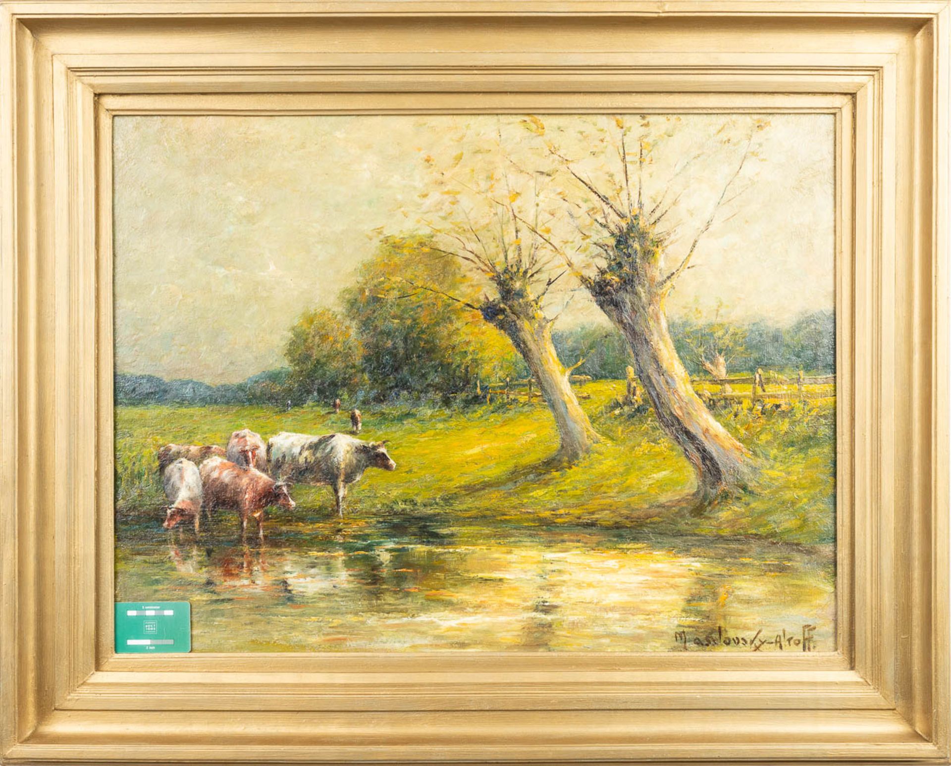 Landscape with cattle' a painting, oil on canvas. Illegibly signed. (W:57 x H:78 cm) - Bild 2 aus 7