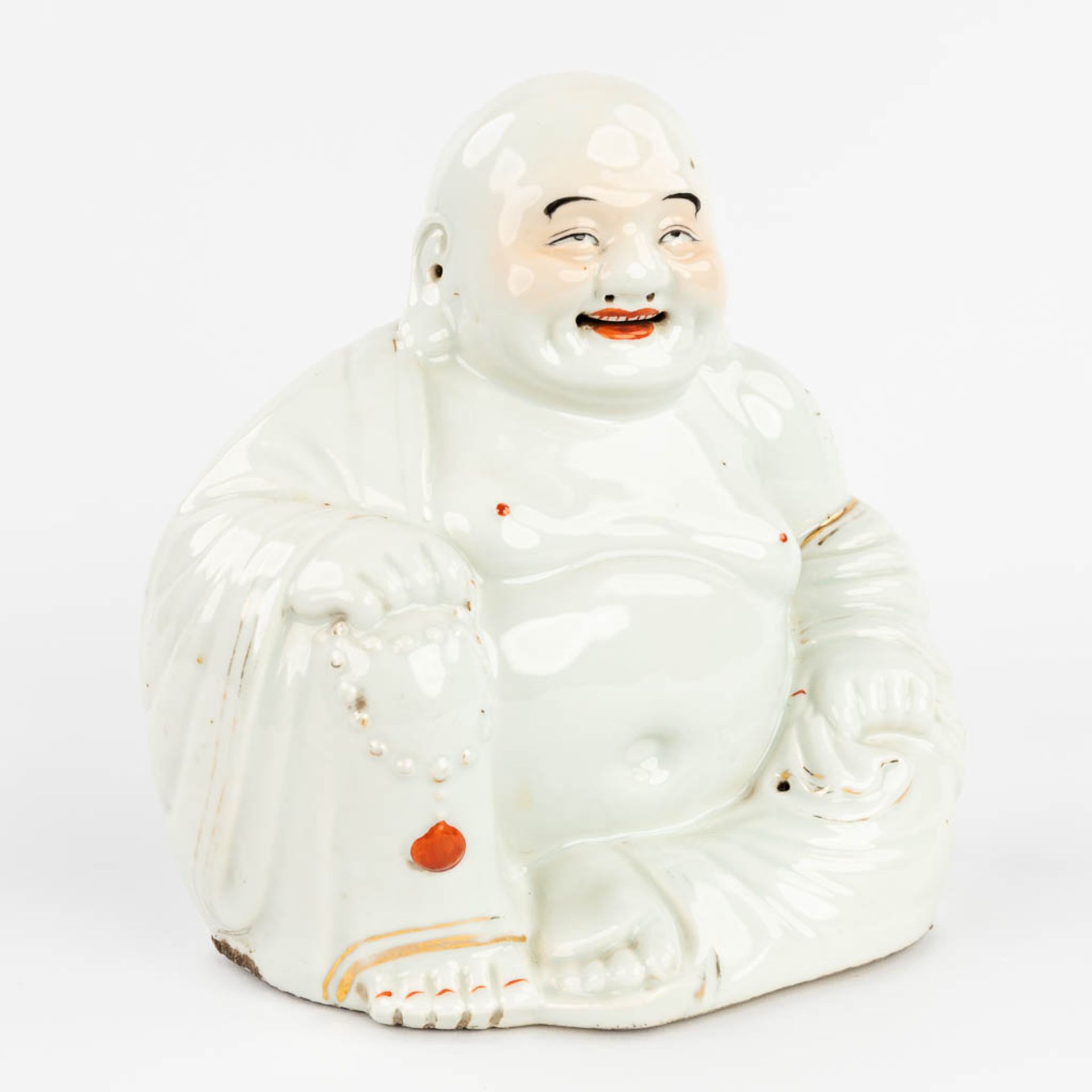 A 'Chinese 'Laughing buddha', made of glazed porcelain. 20th C. (L:14,5 x W:25,5 x H:25 cm) - Bild 3 aus 12