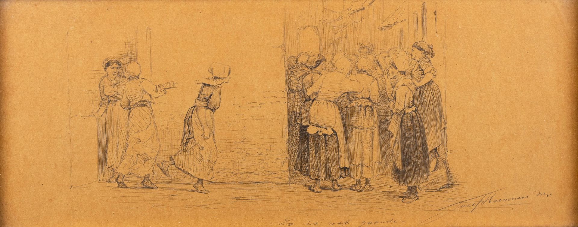 Jozef HOEVENAAR (1840-1926) 'Er Is Wat Gaande & Botermarkt' a pair of drawings. (W:36 x H:15 cm) - Image 5 of 14