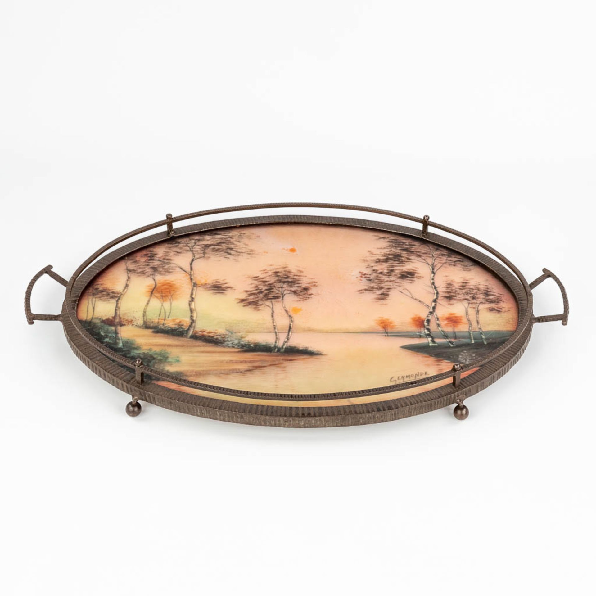 Germonde, a wrought iron and reverse glass painting serving tray in art deco style. Circa 1920. (L: