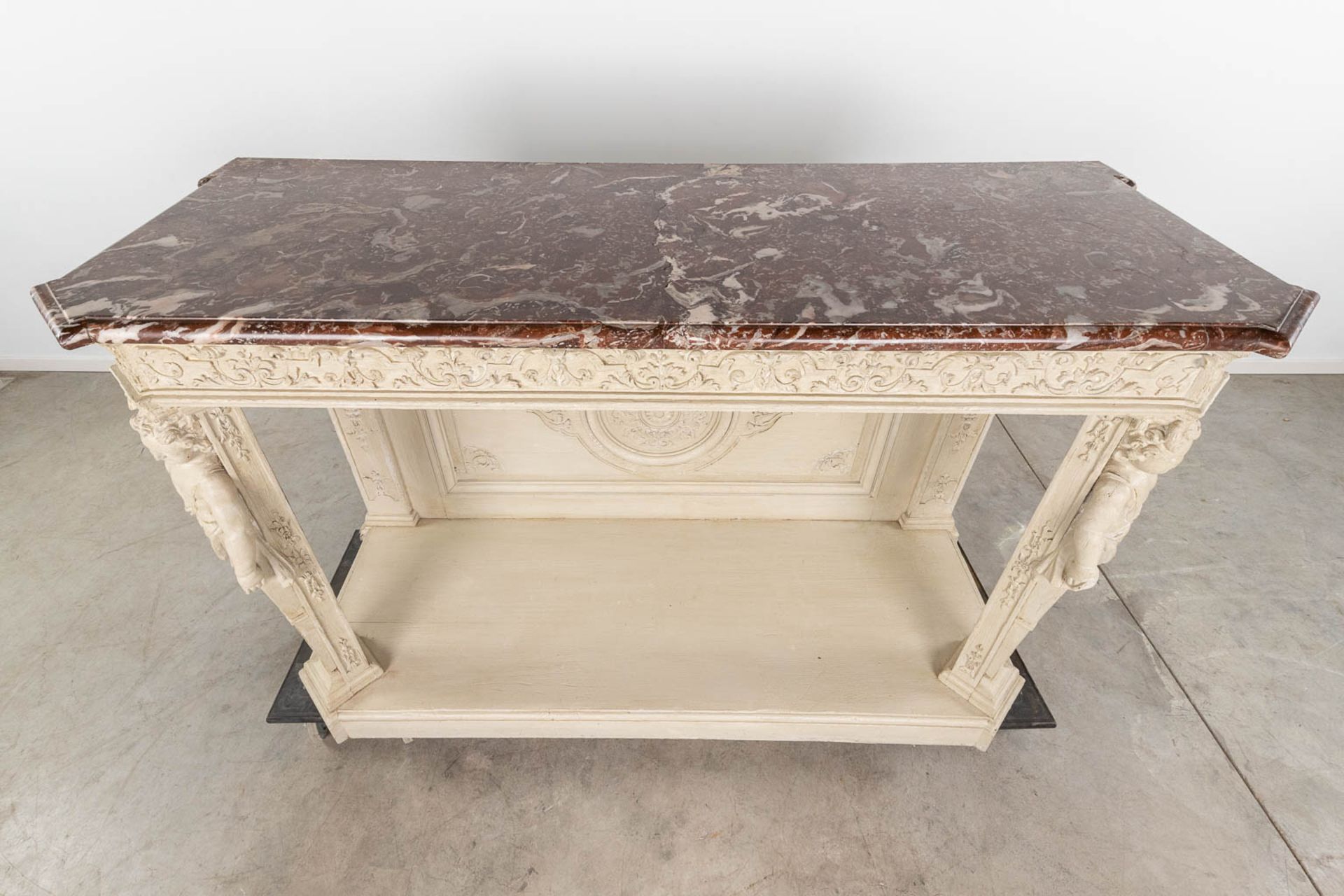 An antique console table with a marble top, patinated. 18th century. (L:66 x W:177 x H:114 cm) - Bild 13 aus 16