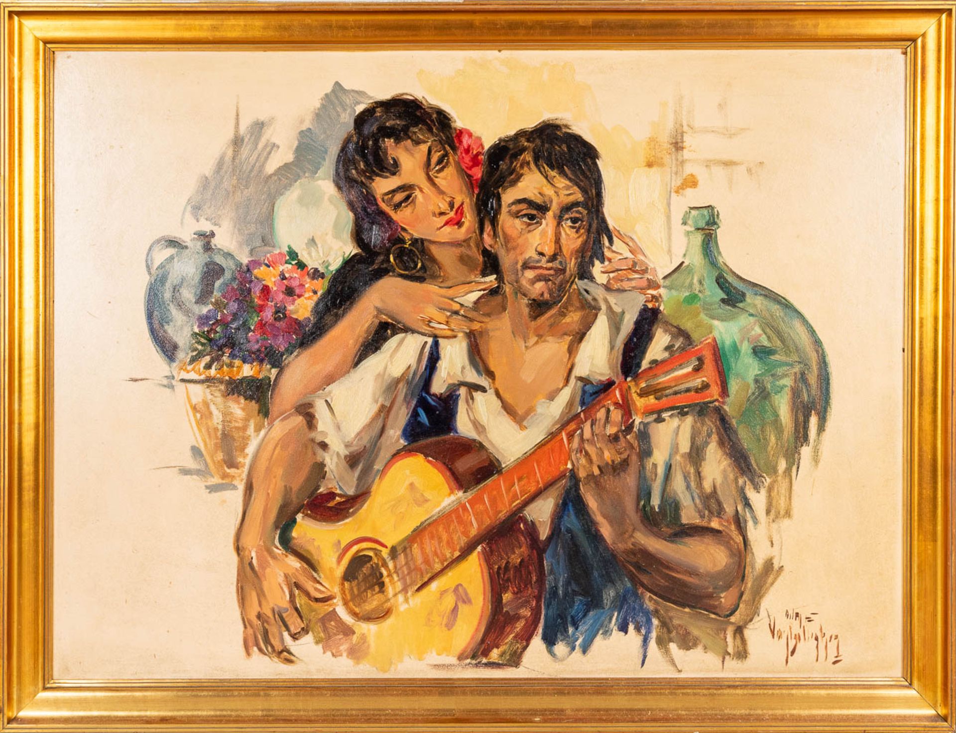 AimŽ VAN BELLEGHEM (1922-1996) 'Guitar Player' oil on panel. - Image 3 of 6