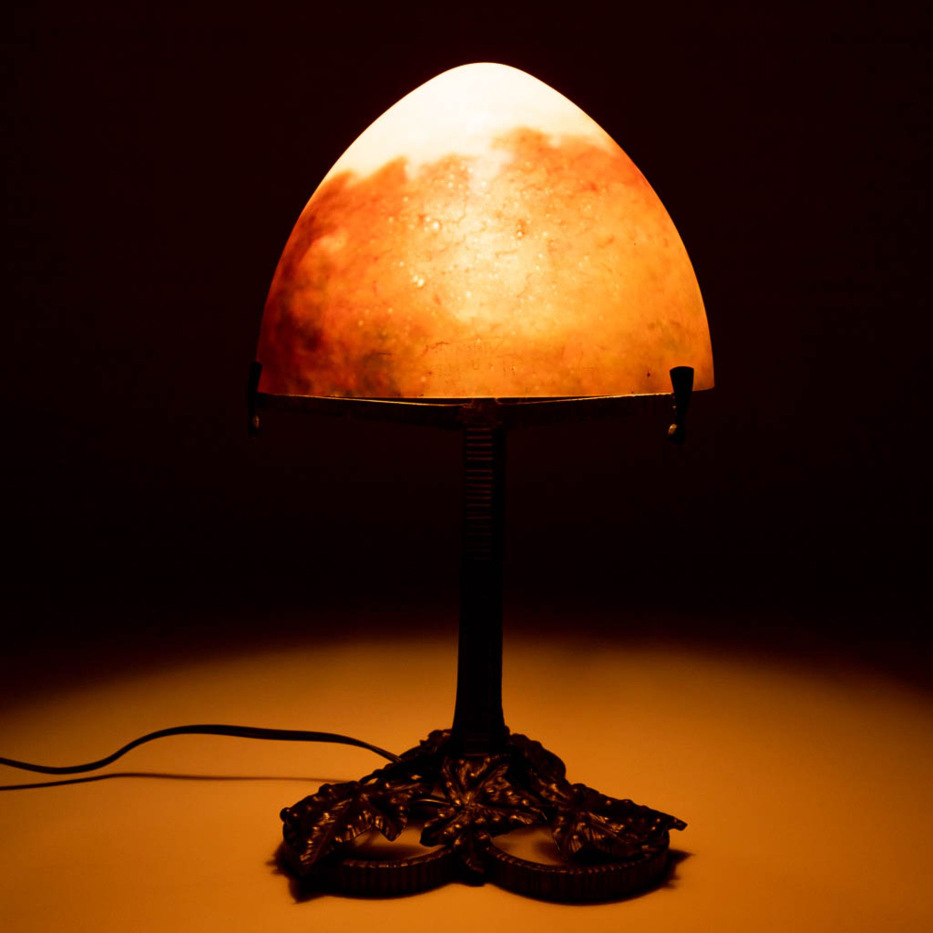 A wrought iron table lamp with pate de verre glass lampshade marked Muller Frres LunŽville. (H:39 - Image 9 of 13