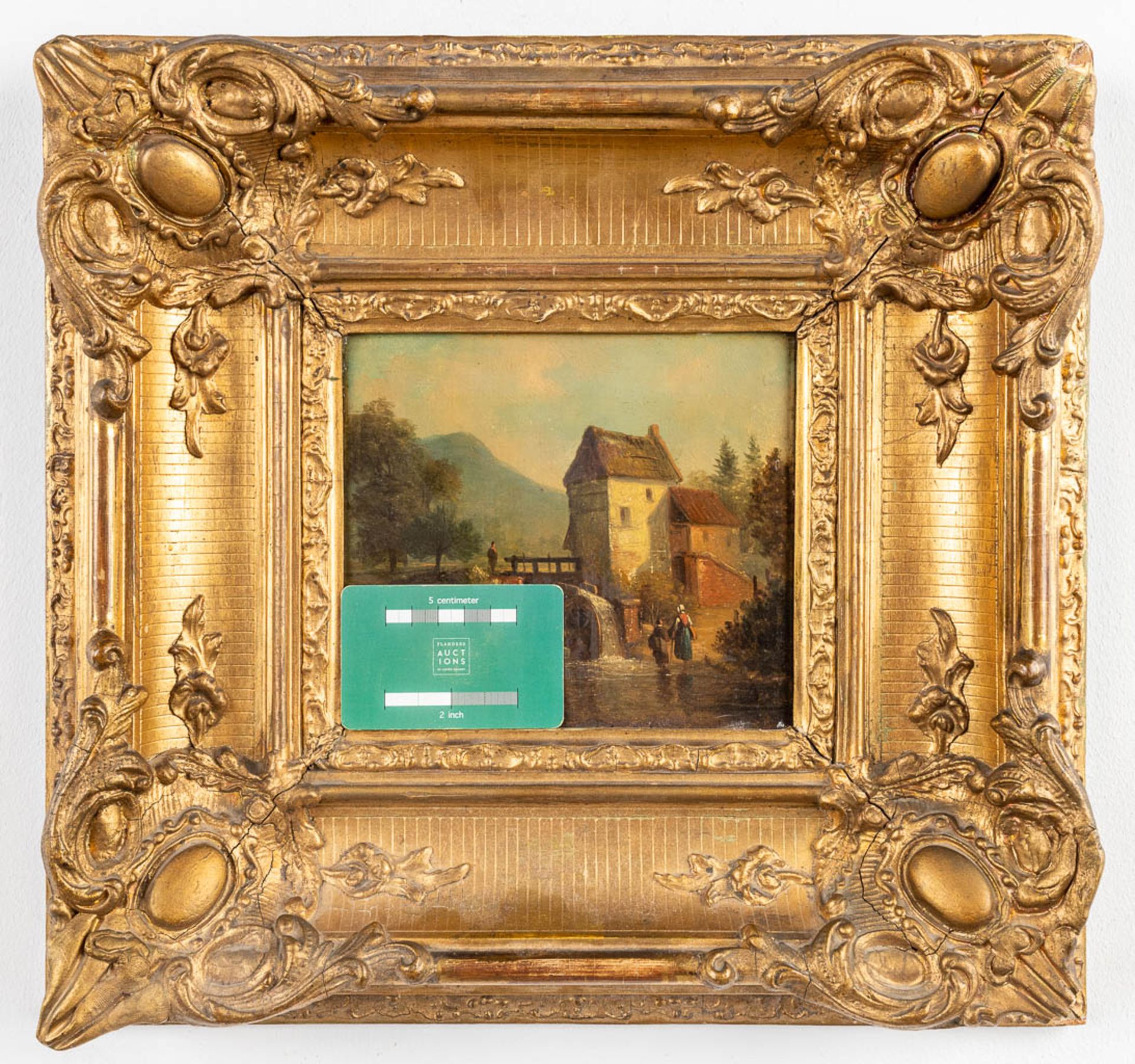 'Landscape with a water mill' an antique painting, oil on panel. (W:17 x H:15 cm) - Image 2 of 6