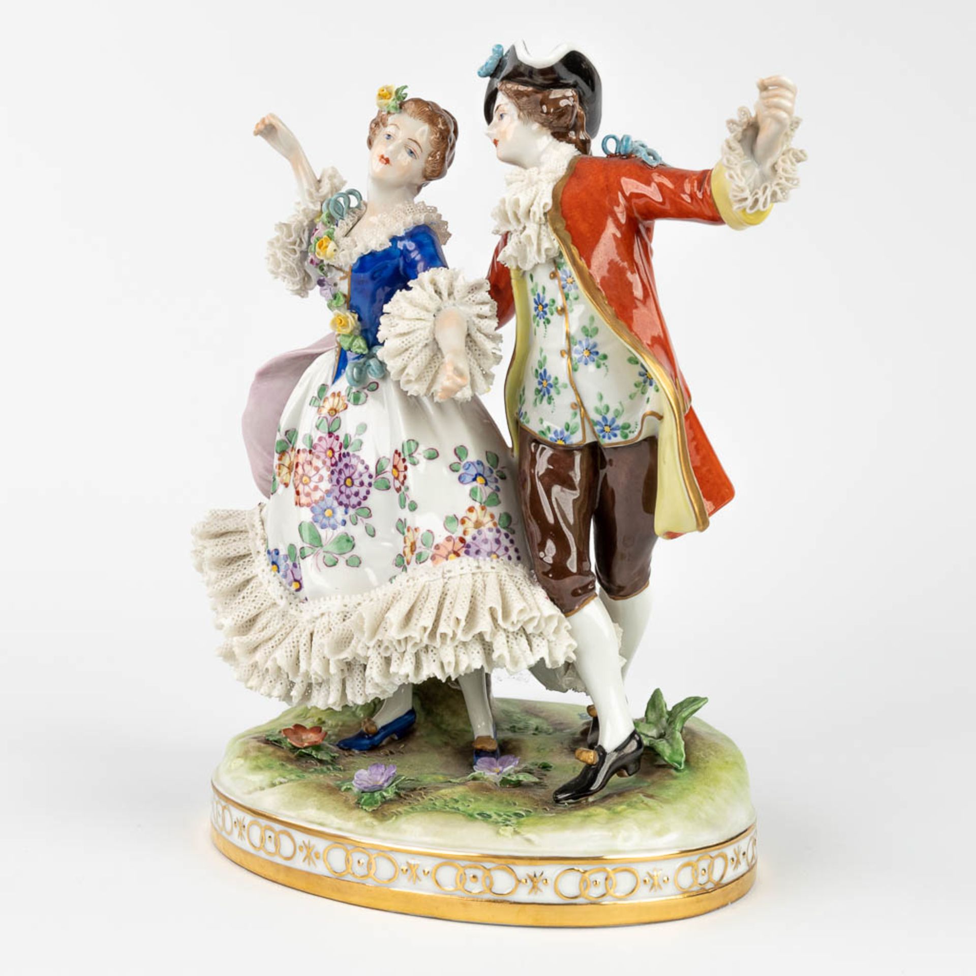 Volkstedt, A figurine of a dancing couple with porcelain lace. Circa 1970. (H:23,5 cm) - Image 7 of 13