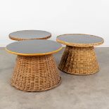 A collection of 3 rotan side tables with a black top. (H:49 x D:71 cm)